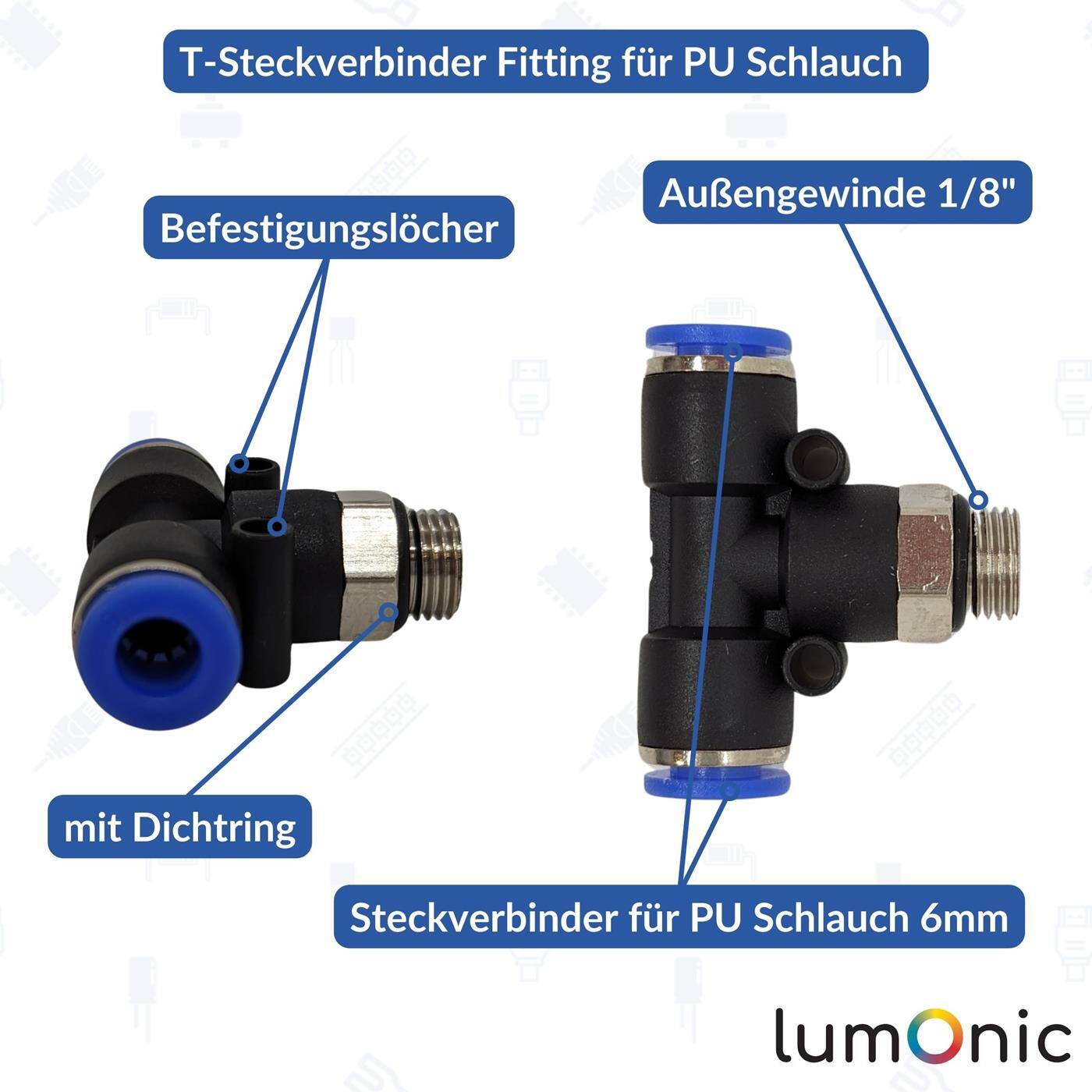 PU hose T-connector fitting with external thread 6mm*1/8inch T-piece Push-in Pneumatic plug connector T-distributor Compressed air