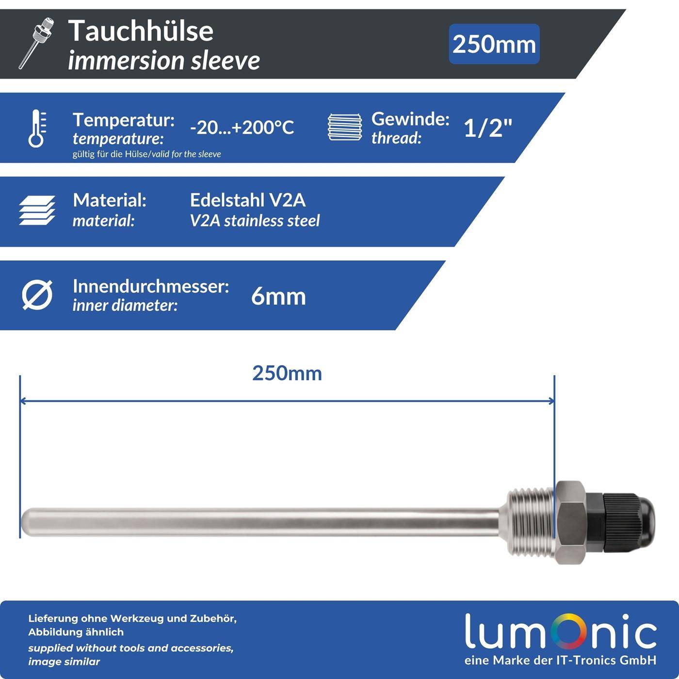 Lumonic Set of 2 immersion sleeves V2A stainless steel 1/2 inch | 250mm Installation length | Perfect fit for 6mm temperature sensors | for buffer storage, heating, solar + smart home