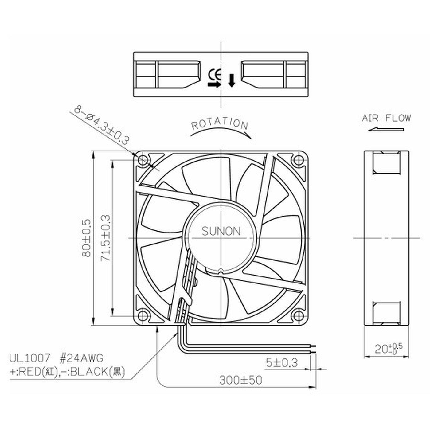 Lüfter 12V DC 1,56W 80x80x20mm 61,1m³/h 3300U/Min 61,1m³/h Sunon ME80201V1-A99
