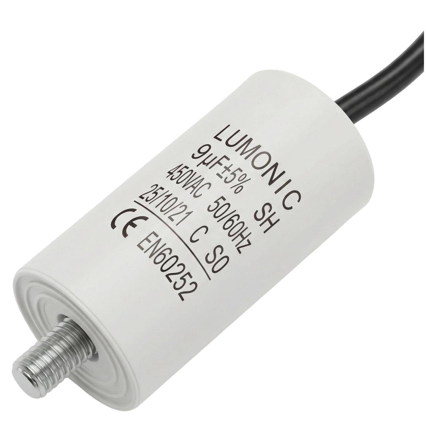 Lumonic Anlaufkondensator 9µF 450V | mit Kabel I 30x60mm I 9uF I Motorkondensator mit Kunststoffgehäuse I Betriebskondensator I für Pumpen, Rasenmäher, Werkzeuge