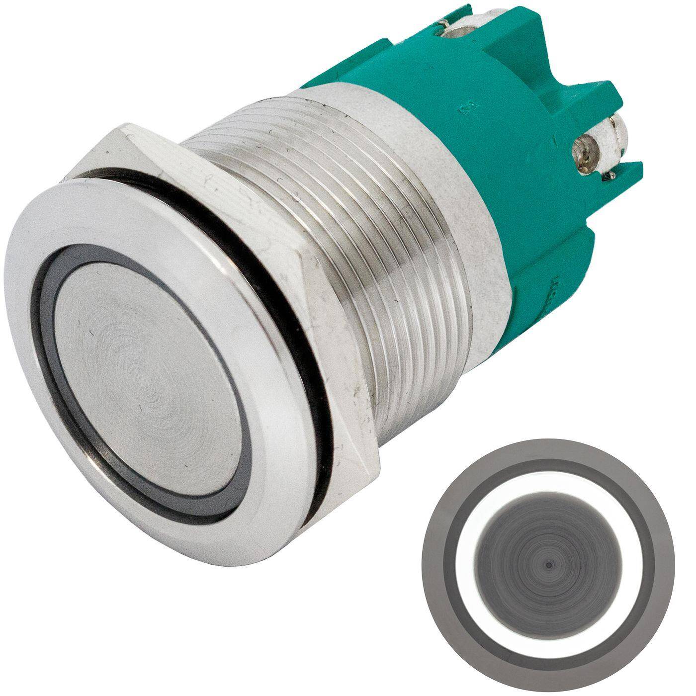 Lumonic Edelstahl Druckschalter flach 22mm Durchmesser I Mit einer Ring LED in Kalt-Weiß Maße: Schraubanschluss 250V 3A I Vandalismussicher nach dem IP65 Standard