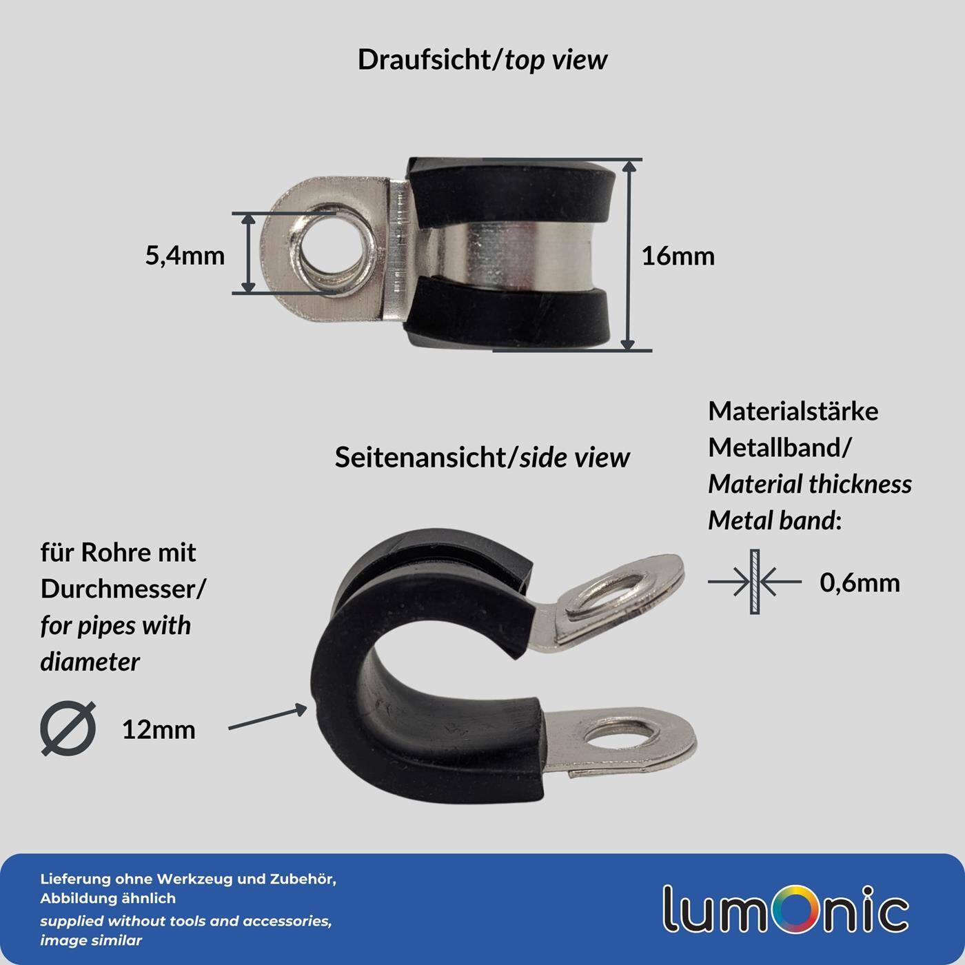 5x P-Clip Leitungsschelle Edelstahl V2A mit Gummi 12mm Rohrschelle Befestigungsschelle