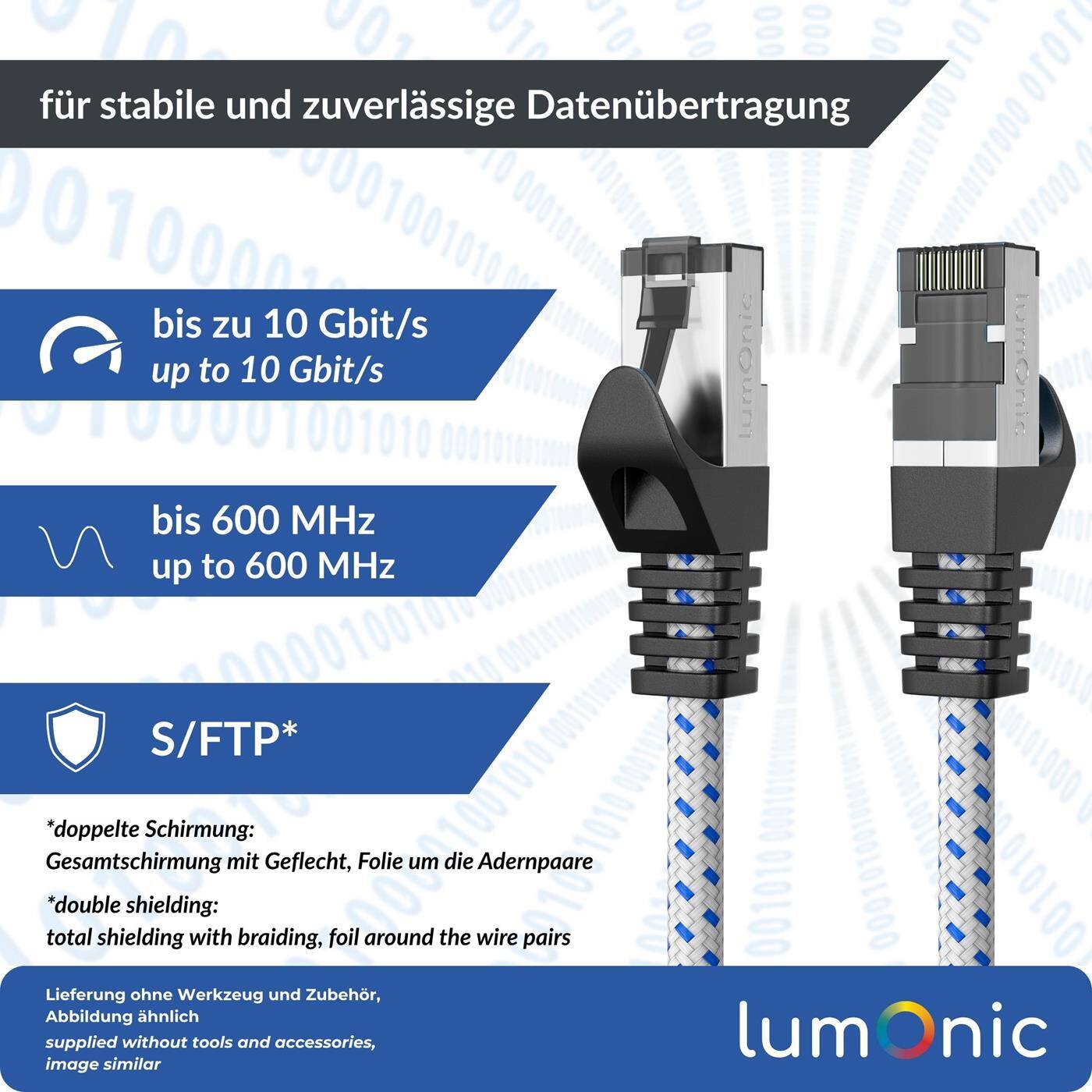 Lumonic CAT7 Patchkabel S/FTP 3m | RJ45 | Weiß Blau Premium Nylon Optik | Ethernet LAN | Netzwerkkabel