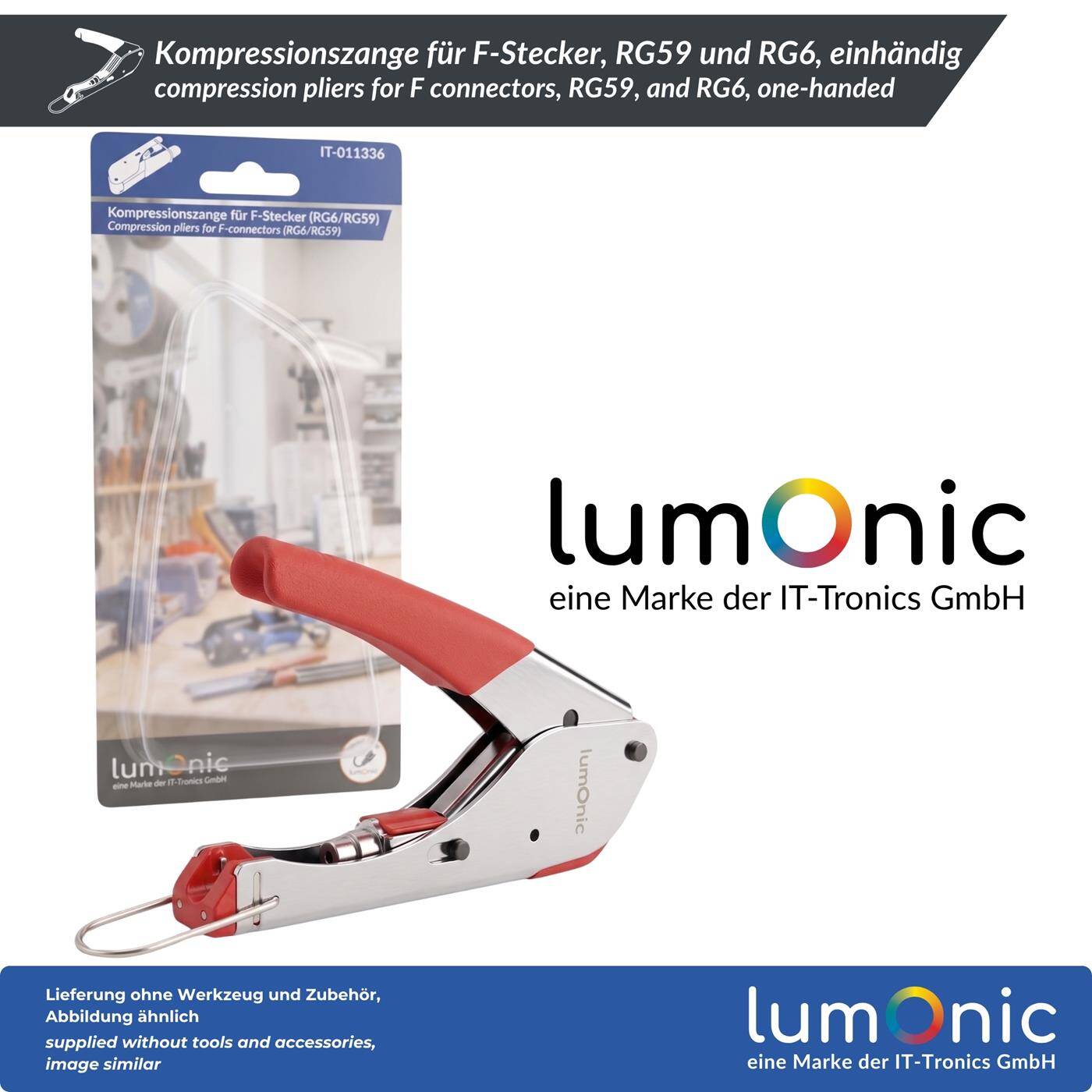 Lumonic Compression pliers for F connectors, RG59, and RG6, one-handed use—locking lever, for RG59 and RG6, axial compression, metal, coaxial connectors for satellite systems and antenna jacks