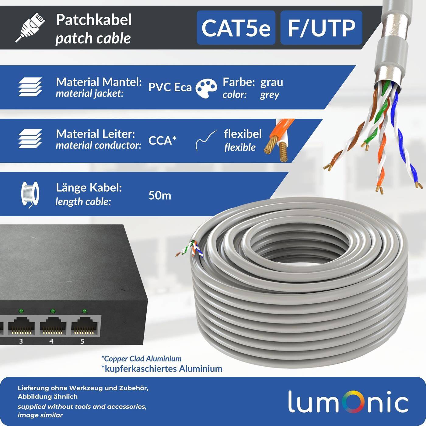 Lumonic LAN Netzwerkkabel 50m | LAN Kabel CAT5e F/UTP | Patchkabel  4x 2x AWG26/7 (verseilt) | 100MHz Gigabit Ethernet