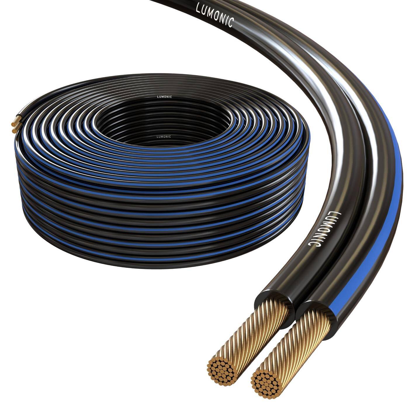 Lumonic Speaker cables | 50m Black | 2x 2,5mm² CCA | Blue marking HiFi speaker cable | Audio twin line