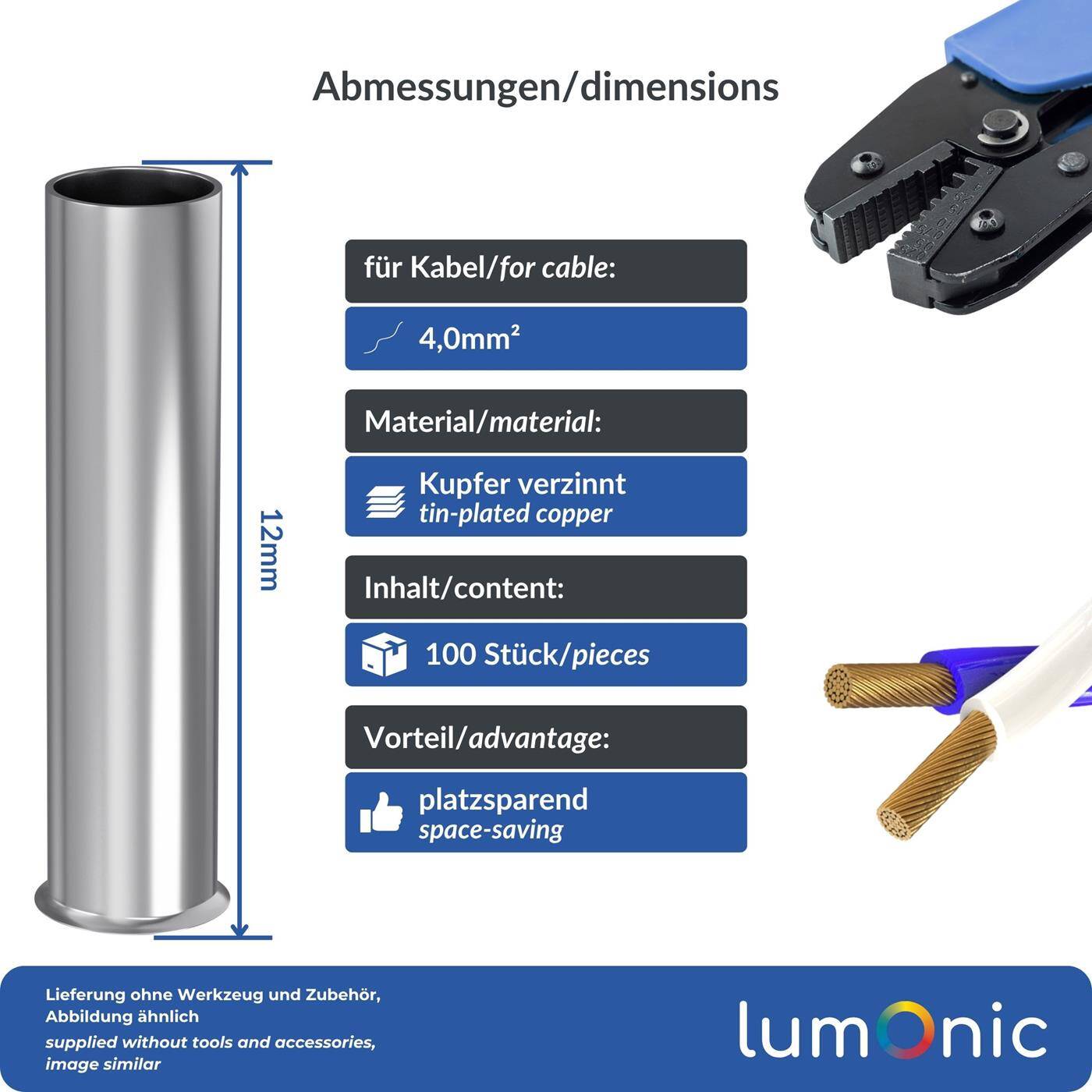 Lumonic 100 x 4mm² Aderendhülsen blank unisoliert I Die Länge beträgt 12mm I Verzinnt zum Schutz gegen Korrosion | Klemmhülsen, Kabelhülsen, Kabelendhülsen, Adernhülse