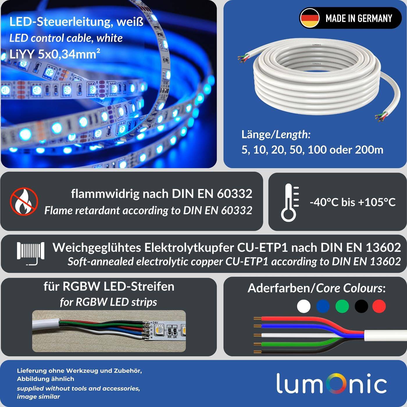 1m RGBW LED Steuerleitung 5x 0,34mm² LiYY Verlängerung 5 adrig Stromkabel Weiß