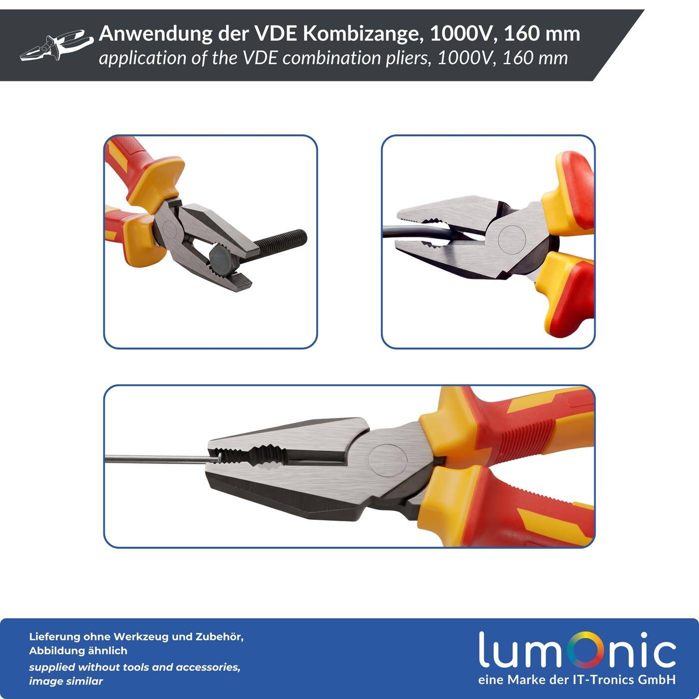 Lumonic VDE Combination Pliers, 1000 V Heavy-Duty Model, 160 mm - 60CrV steel with induction-hardened cutting edge, two-component handle, for electricians and residential wiring