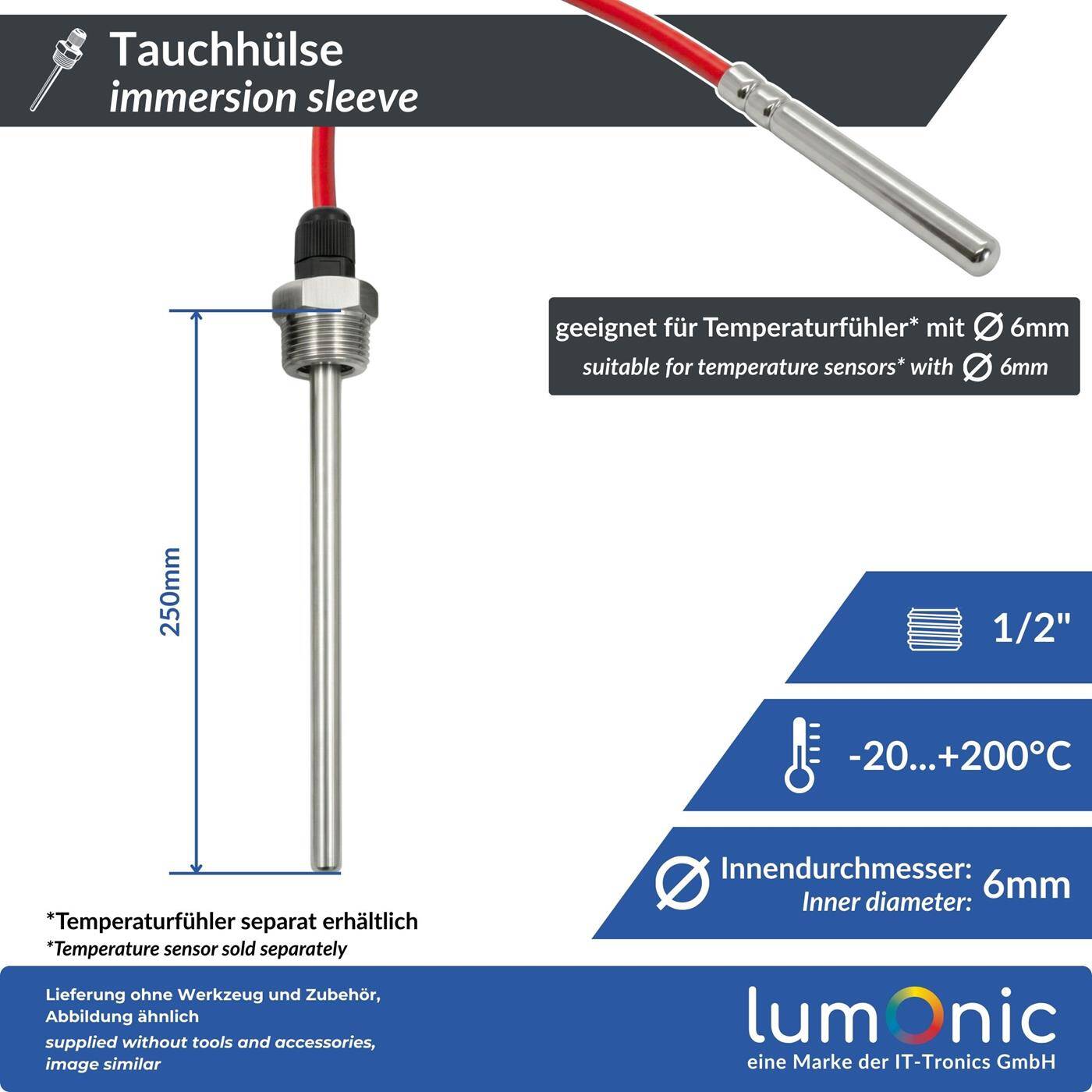 Immersion sleeve V2A stainless steel 1/2 inch 250mm for 6mm temperature sensor for solar heating buffer tank + Smart Home