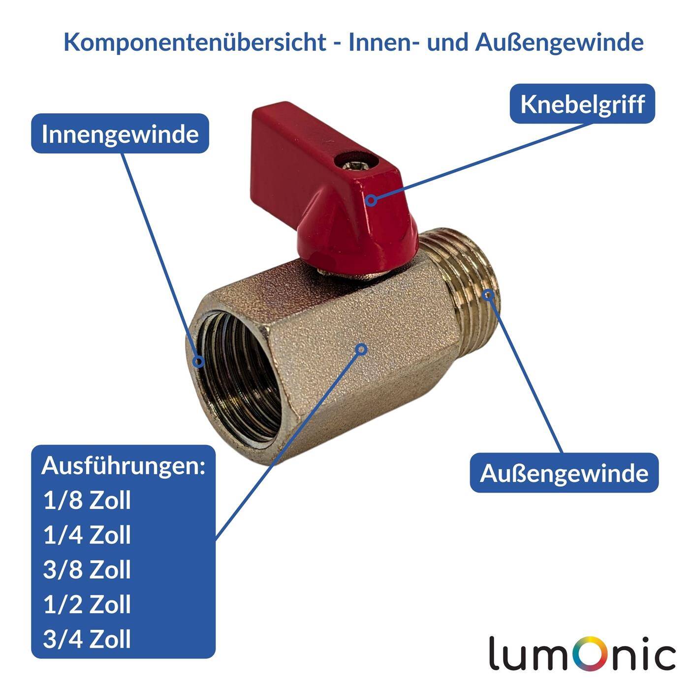 Lumonic I Kugelhahn sechskant mit Knebelgriff I 1/4 Zoll I Innengewinde + Außengewinde I verchromtes Messing I Absperrhahn I für Druckluft I Werkstatt