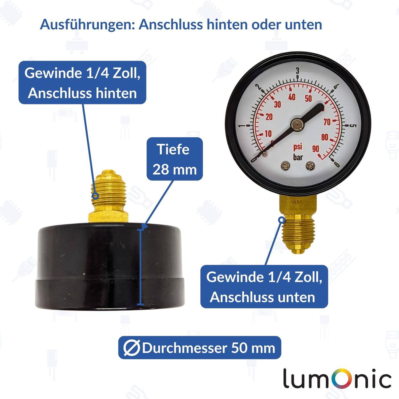 Manometer 0-2,5bar 1/4 Zoll Klasse 2,5 Anschluss unten Durchmesser 50mm Druckmesser für Druckluft und Wasser