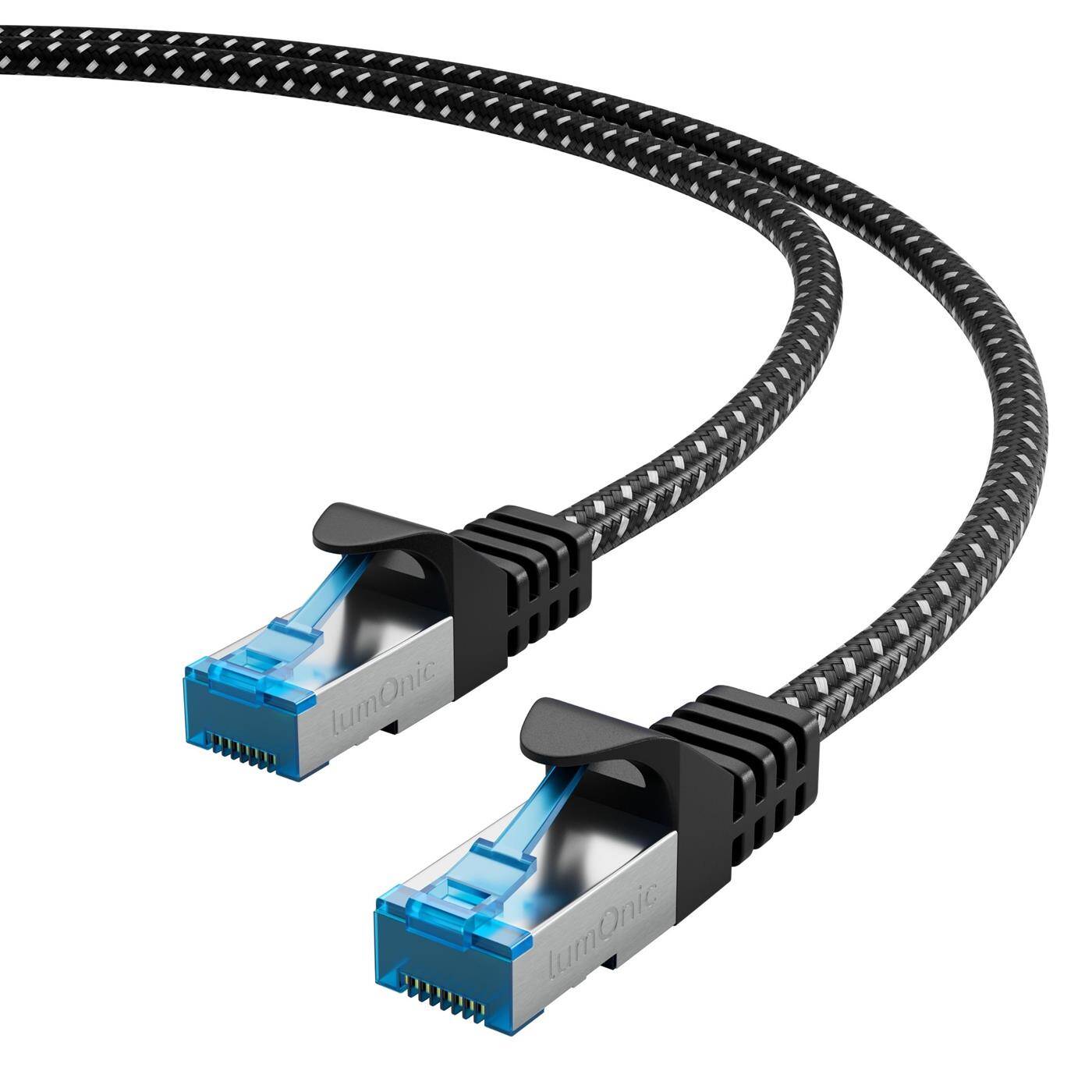 10m CAT8.1 Patchkabel S/FTP RJ45 Schwarz Weiß Premium Nylon Optik Ethernet LAN Netzwerkkabel