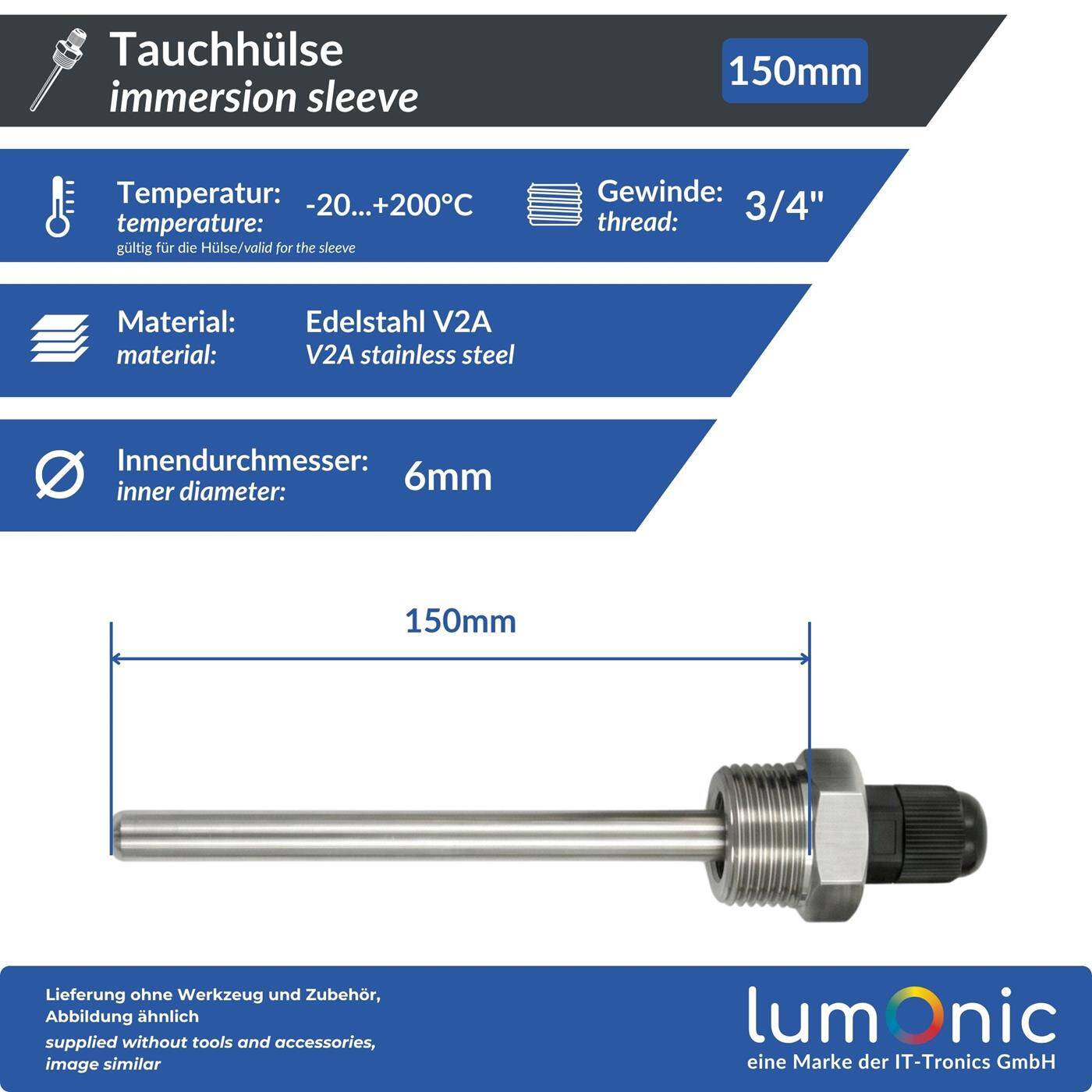 Lumonic Immersion sleeve V2A stainless steel 3/4 inch | 150mm Installation length | Perfect fit for 6mm temperature sensors | for buffer storage, heating, solar + smart home