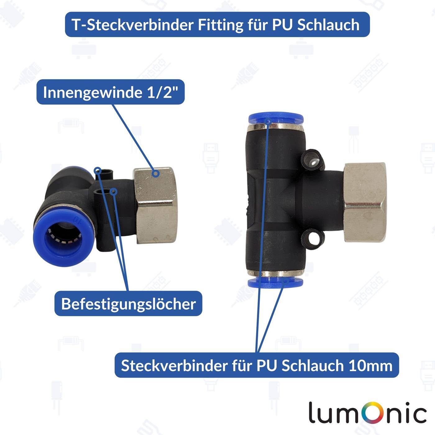 PU hose T-connector fitting with female thread 10mm*1/2inch T-piece Push-in Pneumatic plug connector T-distributor Compressed air