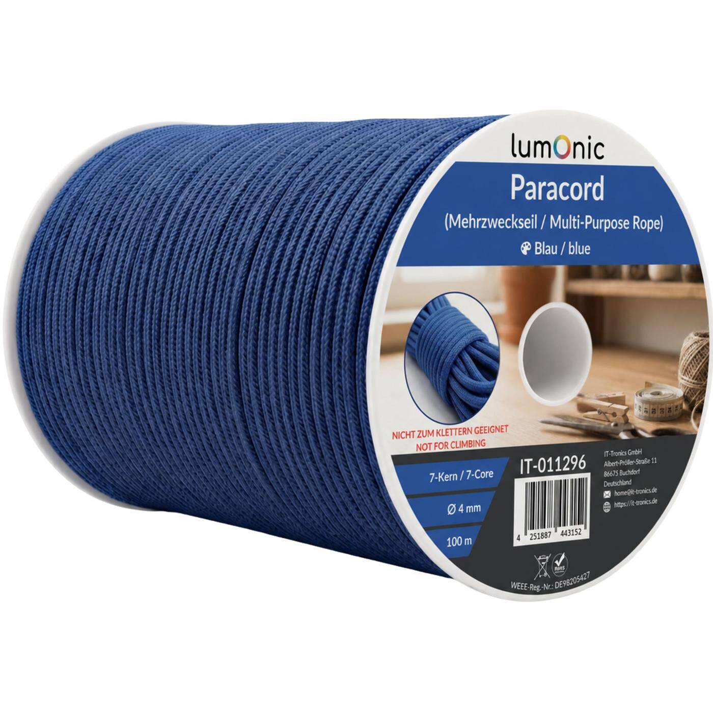 Lumonic 100m Paracord 4mm Blue | 100% nylon | 7 cores, 32 strand sheath | Max. 125 kg load capacity | dog leash, bracelet, outdoor, bushcraft, tent cord