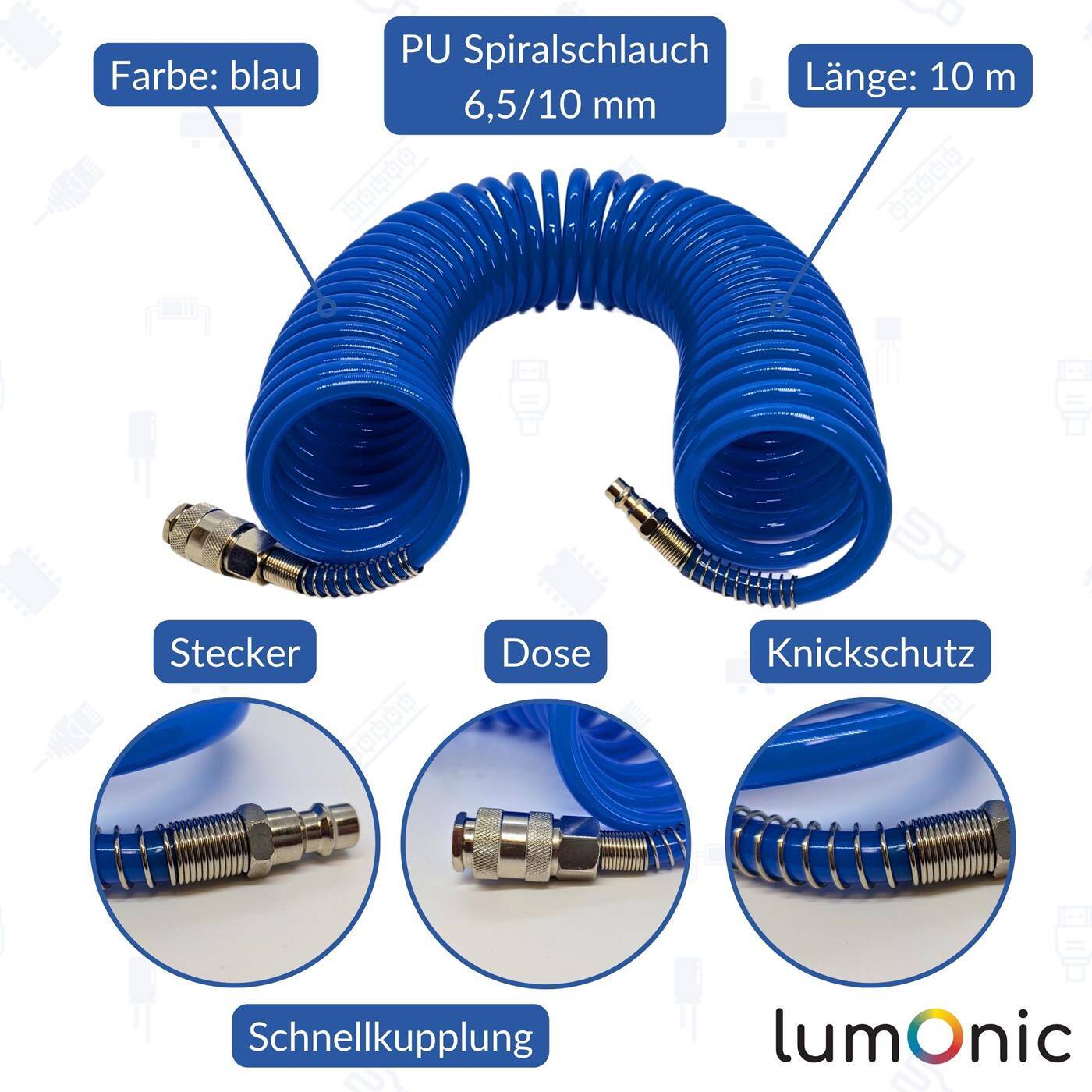 PU Spiralschlauch mit Schnellkupplung 6,5mm/10mm 10m für Kompressoren und Druckluftwerkzeuge flexibel, abriebfest Druckluftverlängerung Dose & Stecker PU Spiralschlauch mit Schnellkupplung 6,5mm/10mm 10m für Kompressoren und Druckluftwerkzeuge flexibel, abriebfest Druckluftverlängerung Dose & Stecker