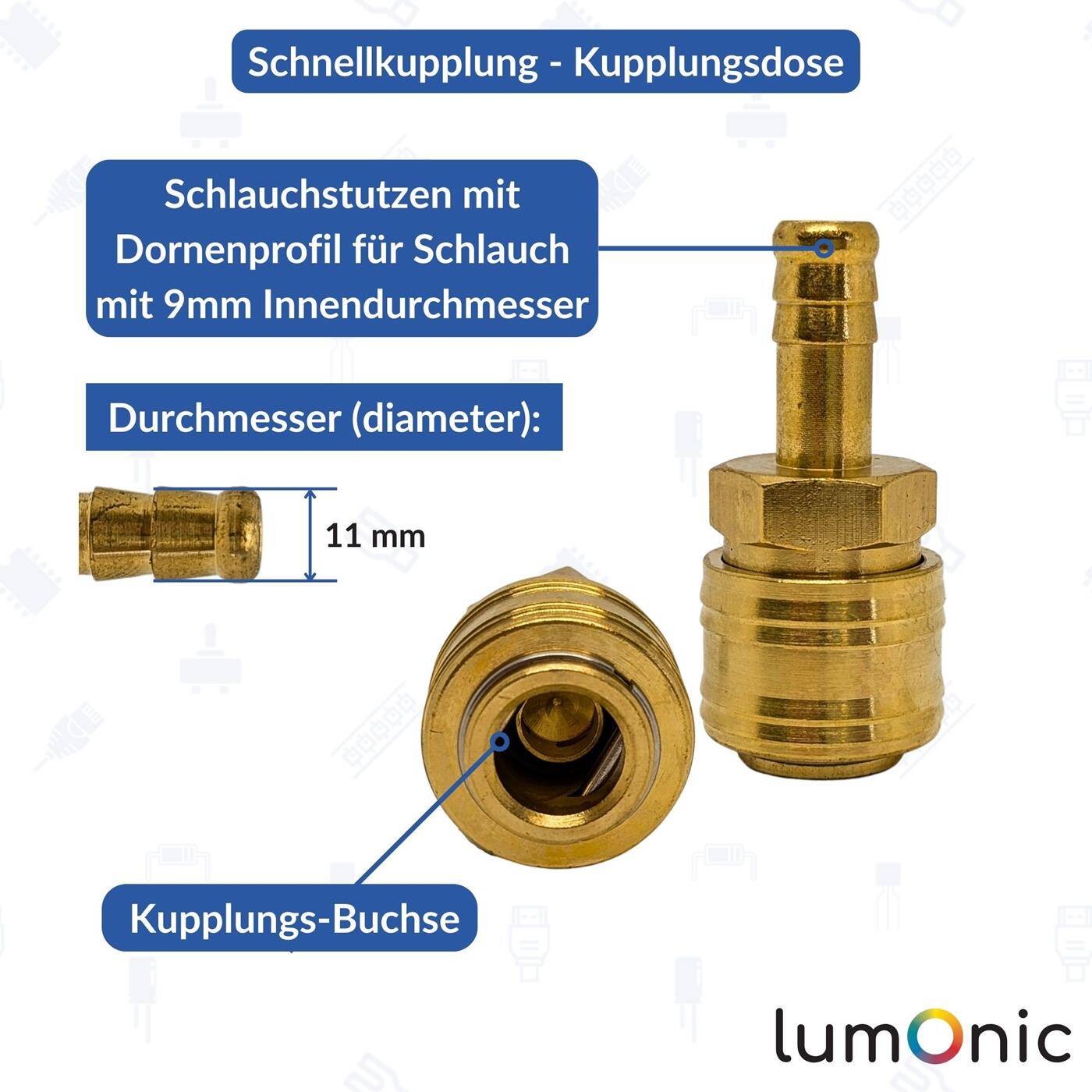 Kupplungsdose mit Schlauchstutzen für 9mm Schlauch aus Messing Druckluftkupplung-Buchse Schnellkupplung für Werkstätten, Betriebe und Heimwerker