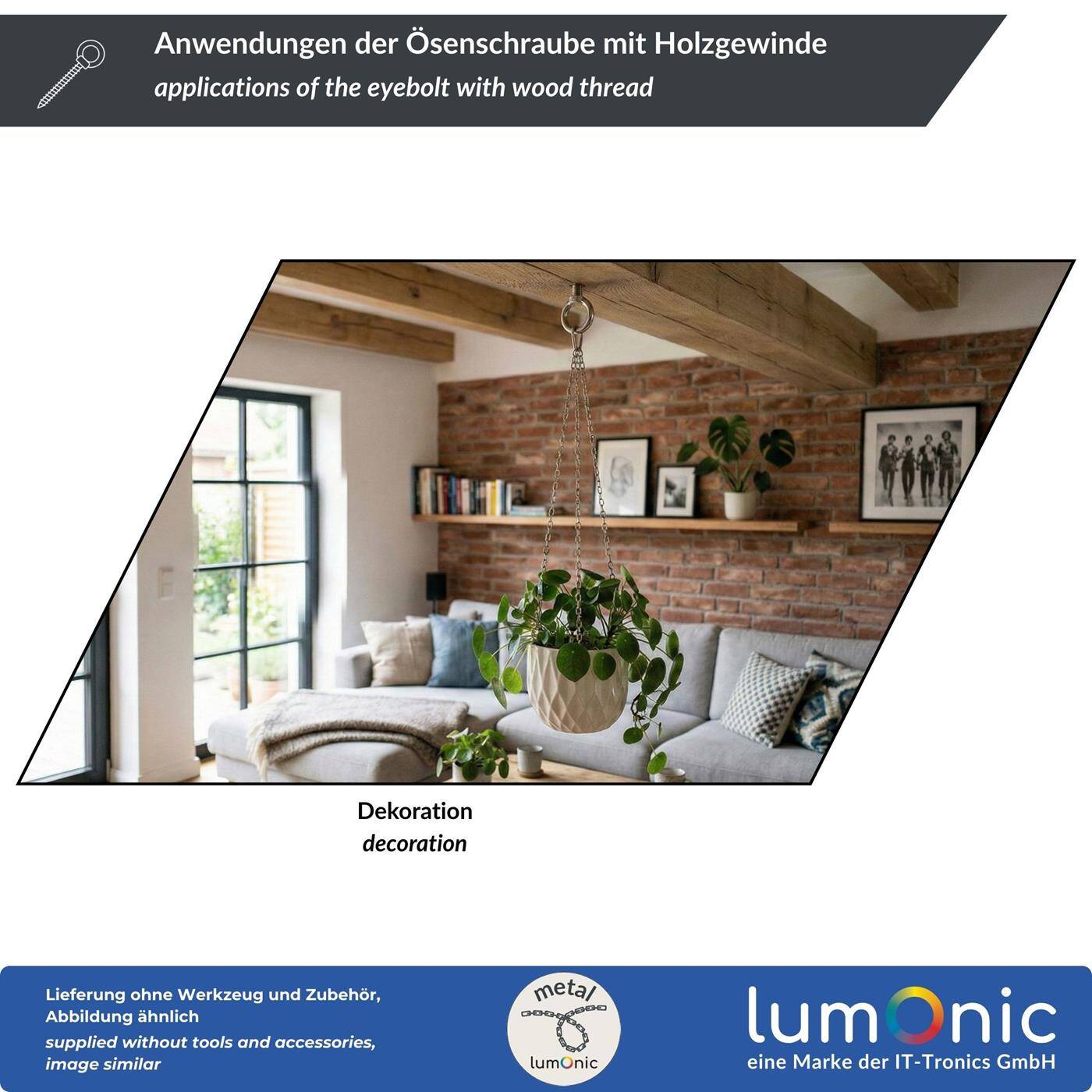 Lumonic Ösenschraube V2A Edelstahl mit Holzgewinde | M12x120mm |  | Befestigung an Balken/Holzpfosten | Ringschraube für Sonnensegel, Hängematte, Schaukel + Ketten