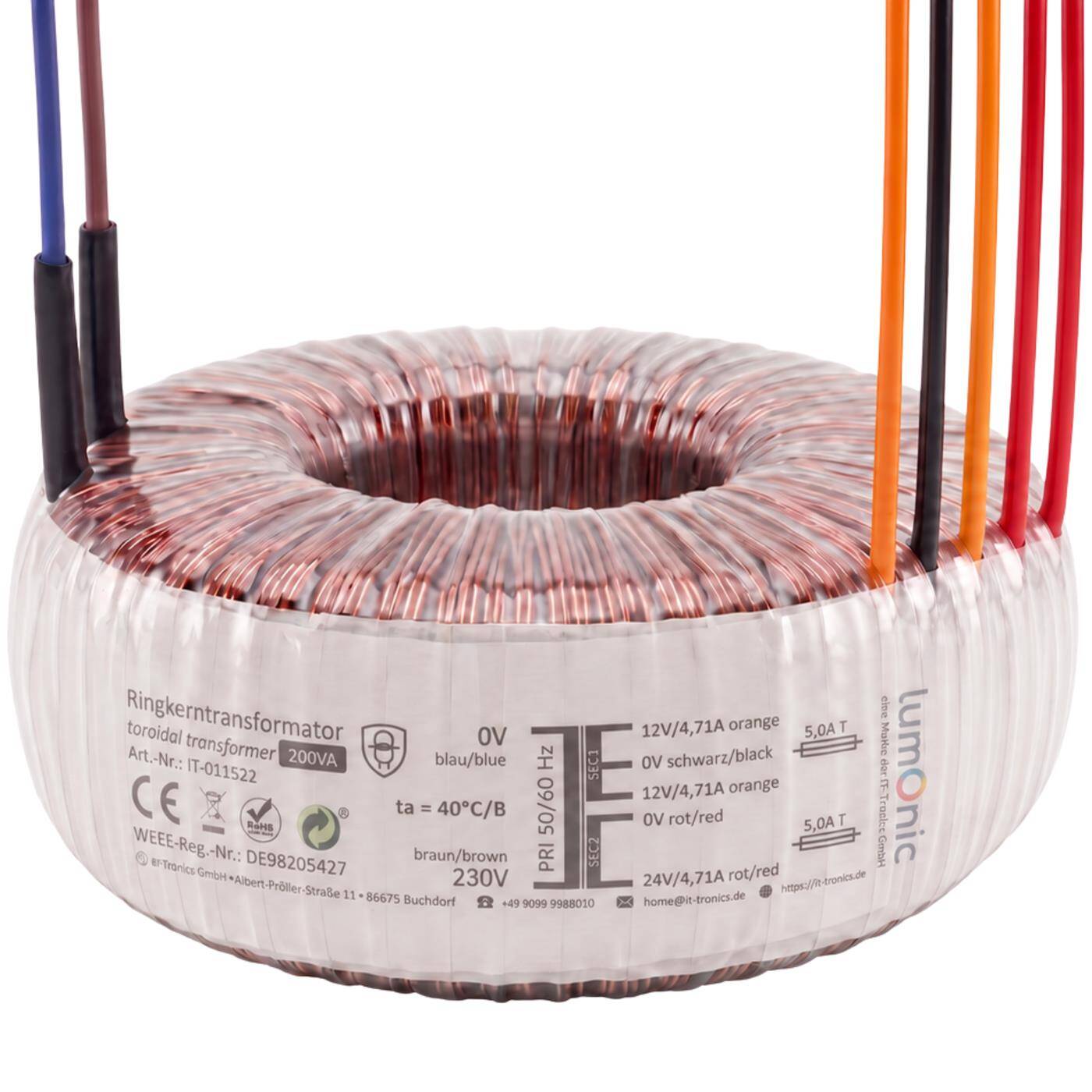 Lumonic Toroidal Transformer, 200 VA, 2x 12 V + 24 V, 230 V - toroidal transformer, 230 V primary, 2x 12 V + 24 V simultaneously, for amplifier construction, power supplies, lighting