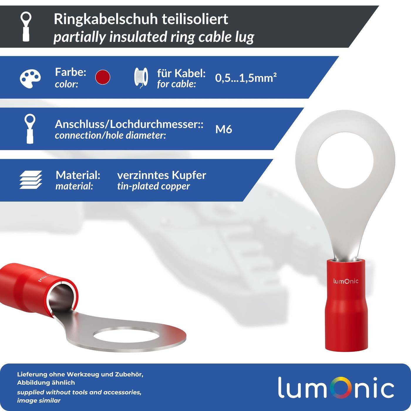 Lumonic 25x Ringkabelschuh 0,5-1,5mm² teilisoliert | M6 | Kupfer verzinnt | sichere Kabelverbindung ohne Löten | Set, Crimp-Kabelschuh, Quetschverbinder, Ringöse | KFZ, Maschinenbau, Wohnmobil, Batterie