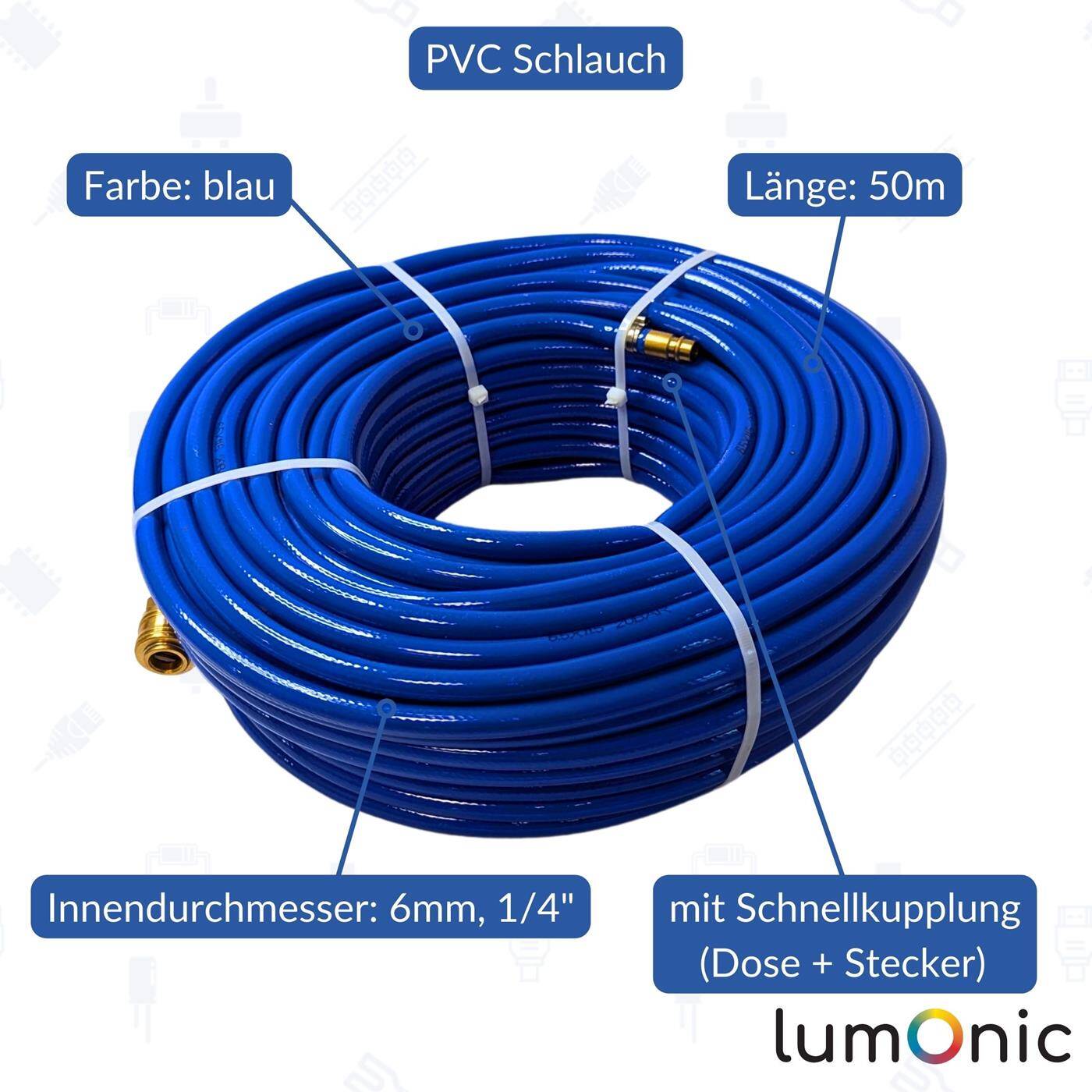 50m Druckluftschlauch mit Schnellkupplung 6mm PVC Druckluftverlängerung Dose & Stecker fertig konfektioniert flexibel, abriebfest und gewebeverstärkt