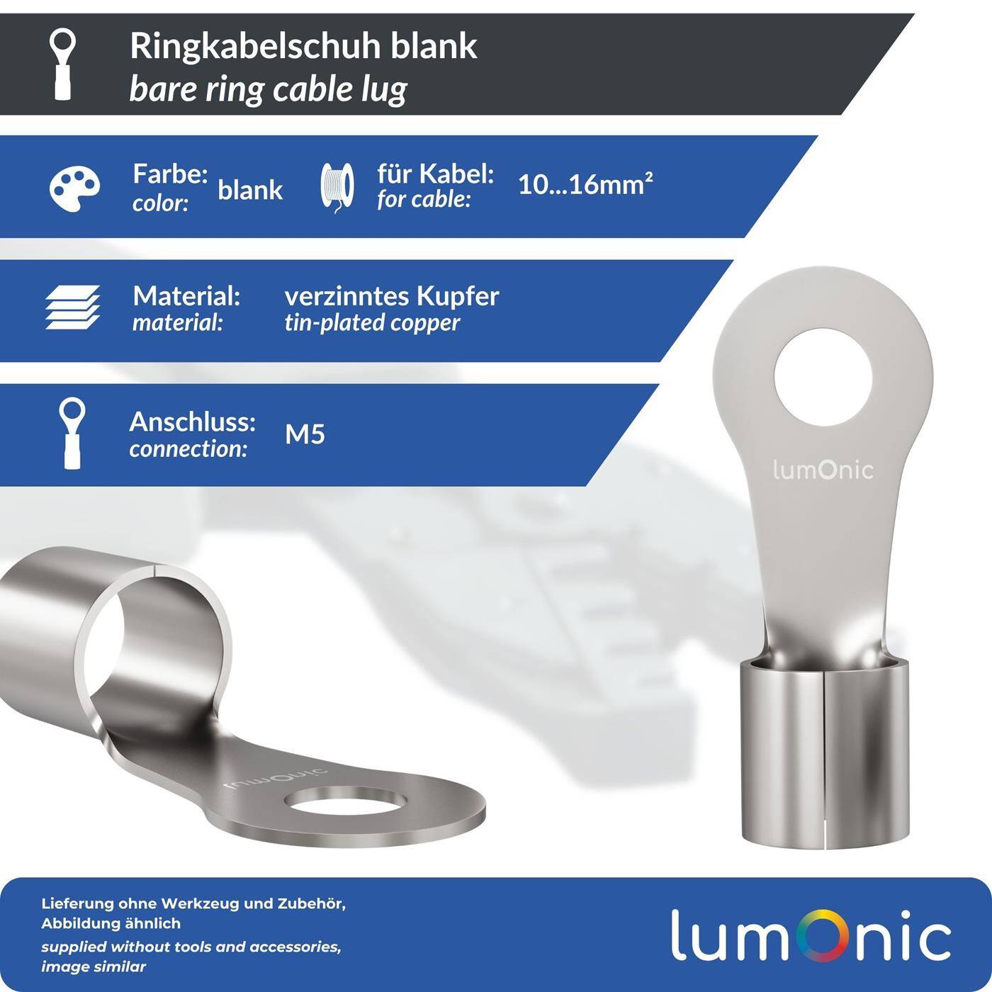 Lumonic 25x Ringkabelschuh 10,0-16,0mm² blank | M5 | Kupfer verzinnt | sichere Kabelverbindung ohne Löten | Crimp-Kabelschuh unisoliert | KFZ, Maschinenbau, Wohnmobil, Batterie