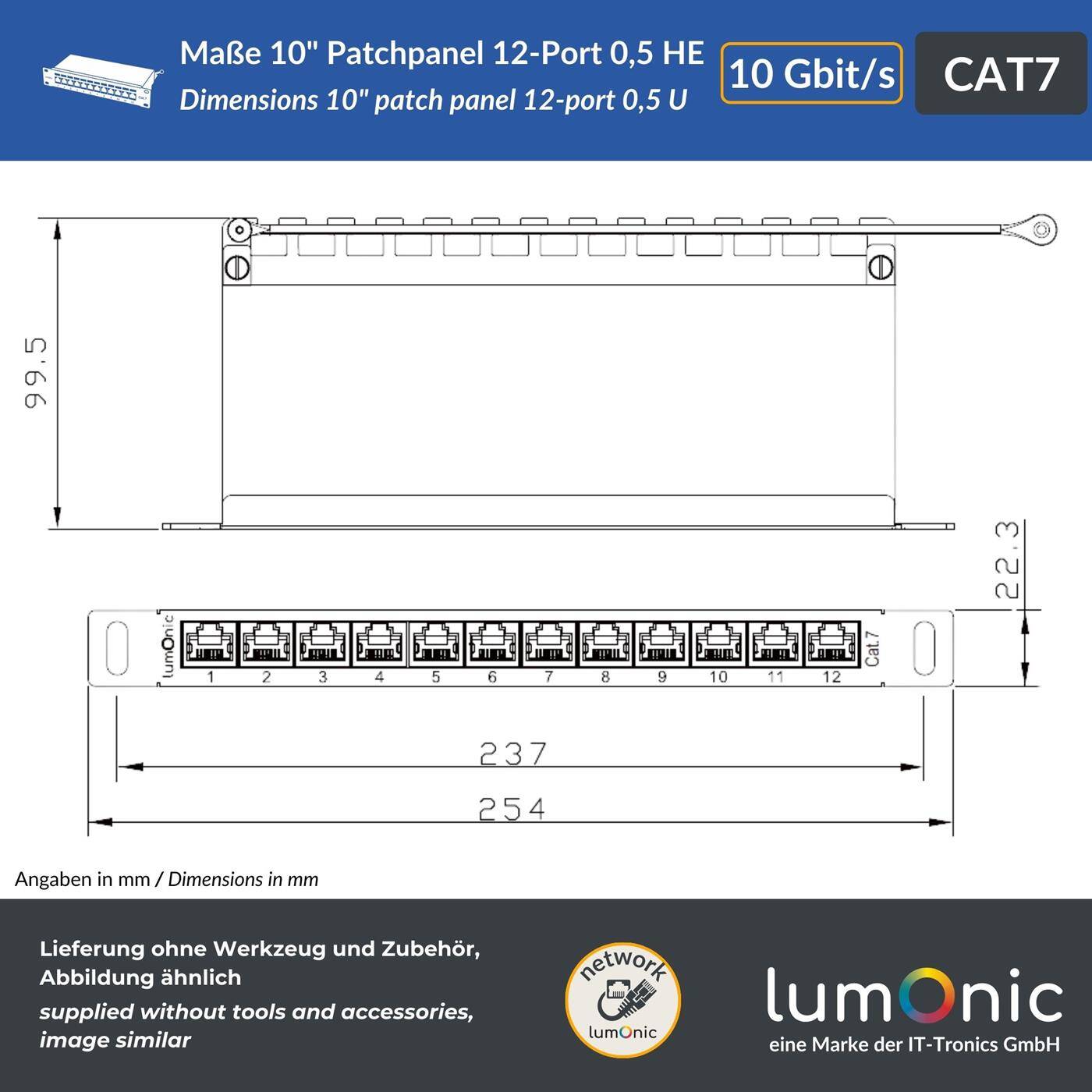 10" Patch panel CAT7, 12 Port, space-saving 0.5U, LSA mounting, T568A/B color-coded, Rack mounting, Shielded, black patch panel, Cable management, 10 Gbit/s PoE
