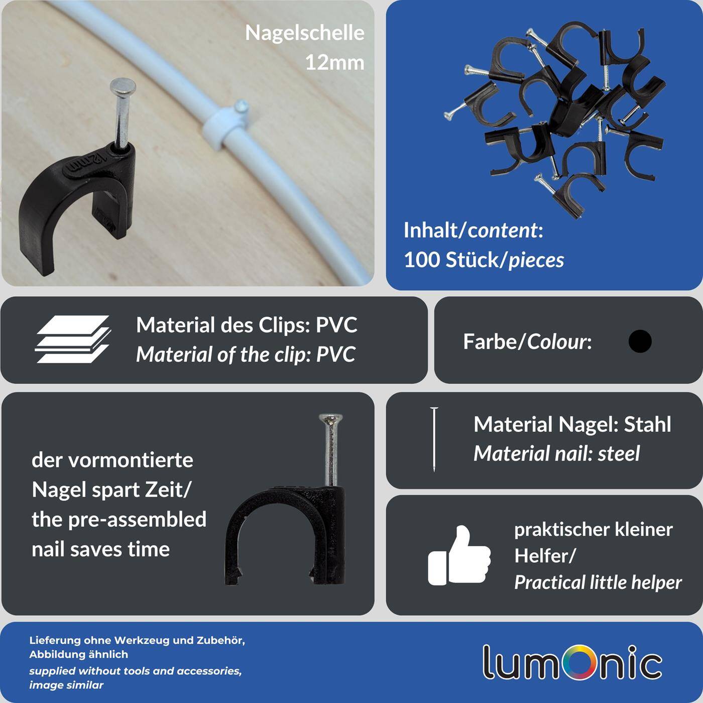 100x Nagelschelle 12mm für Kabel schwarz Kabelschelle mit Nagel Kabelklemme