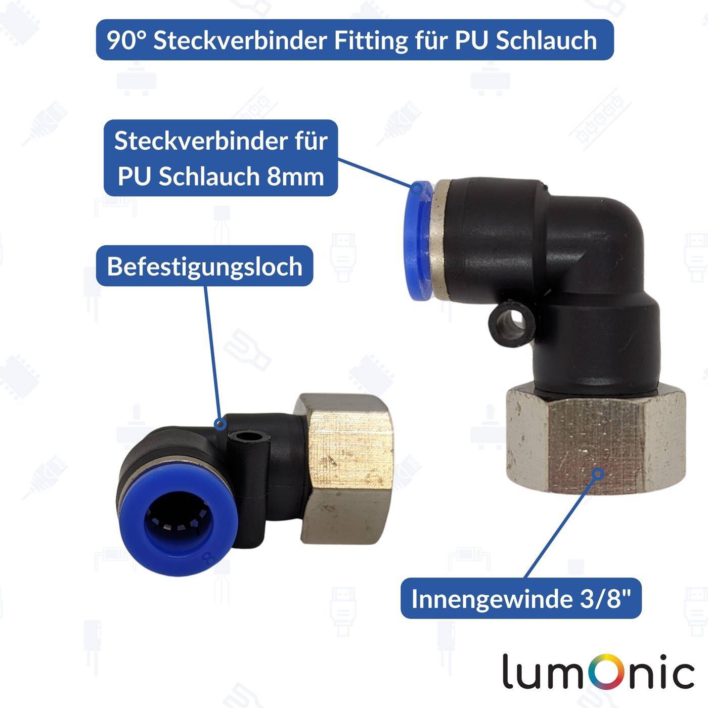 PU hose 90° plug connector fitting with female thread 8mm*3/8inch Angle connector L-connector Pneumatic plug connector Fitting Compressed air PU hose 90° plug connector fitting with female thread 8mm*3/8inch Angle connector L-connector Pneumatic plug connector Fitting Compressed air