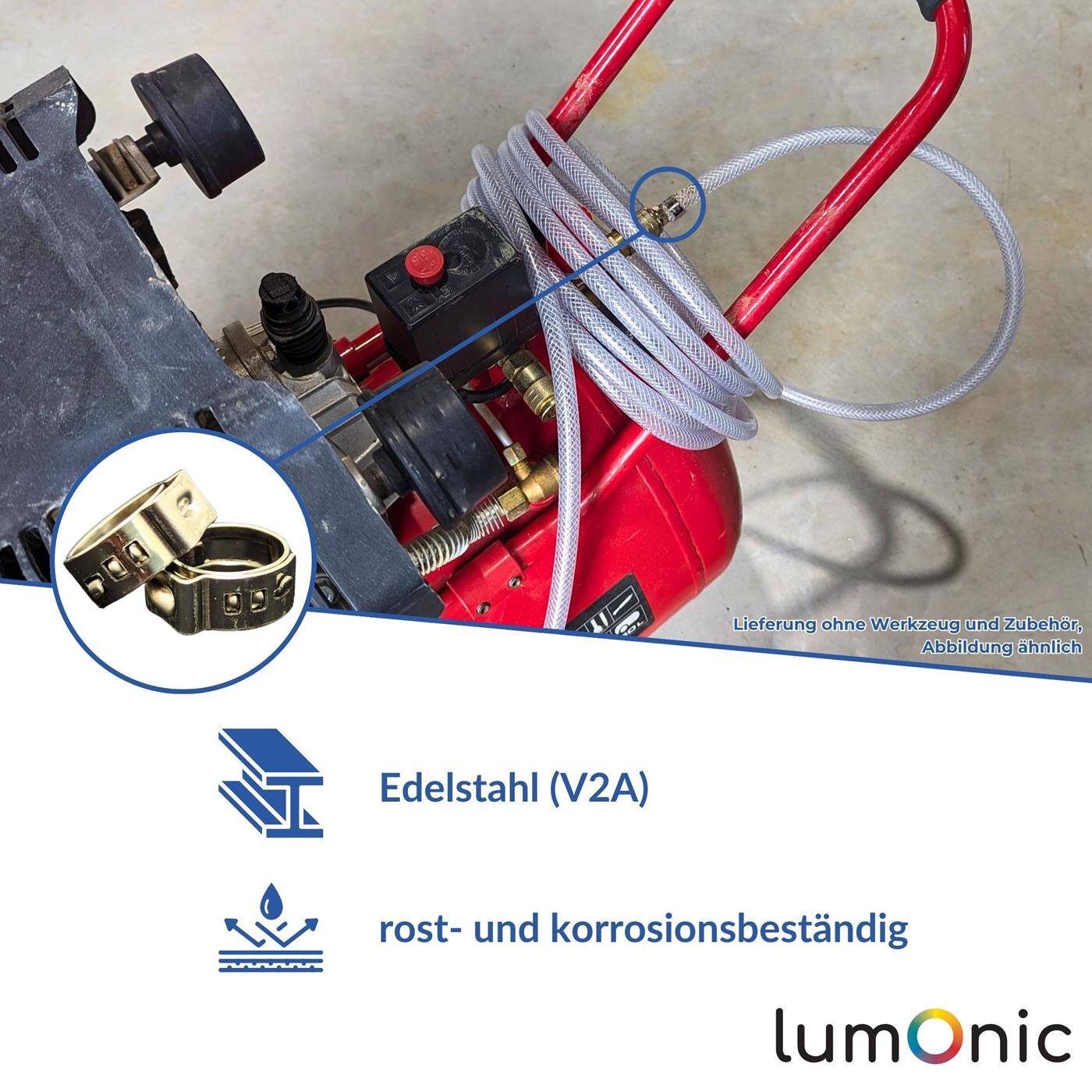Lumonic I 50x 1-Ohr-Schelle 14,5-17,0mm I V2A Edelstahl I Einohrschelle I Schlauchschelle I für Druckluft, Rohrsysteme, Garten, KFZ