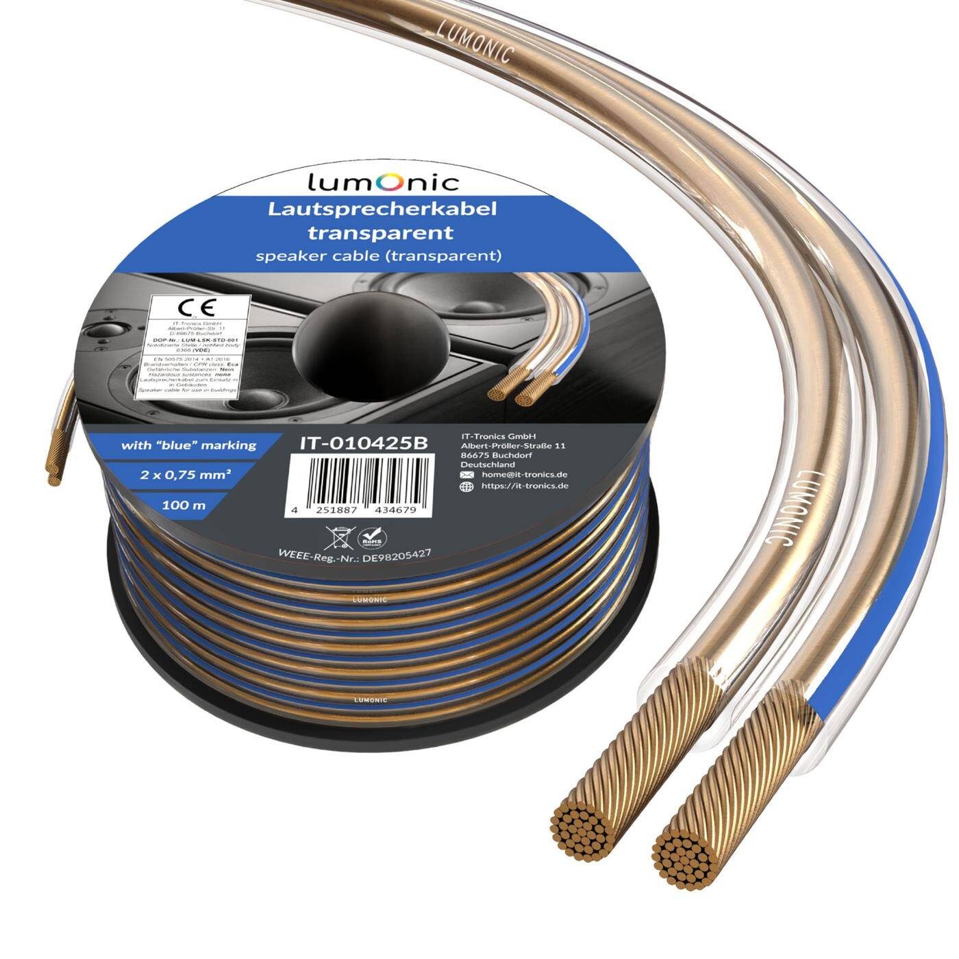 Lumonic Lautsprecherkabel | 100m Transparent | 2x 0,75mm² CCA | blaue Markierung HiFi Boxenkabel | Audio Zwillingsleitung
