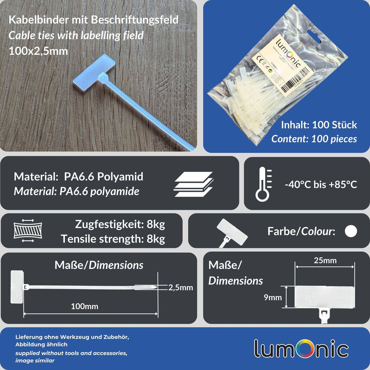100x Cable tie with Text label 20x9mm 110 x 2,5mm White Natural 8kg PA6.6 Polyamide Industrial quality
