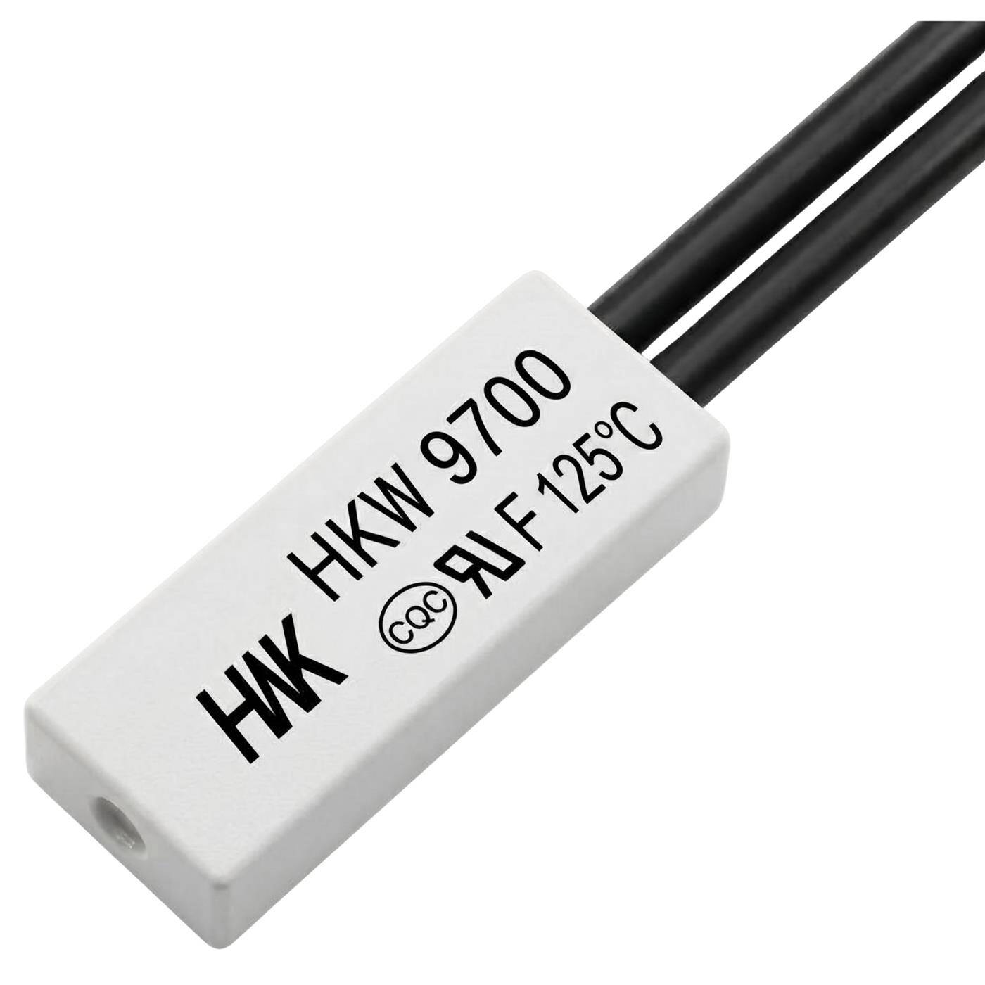 Lumonic HKW9700 Temperaturschalter flach | 125°C ± 5°C | Öffner NC | max. AC 250V/5A | max. DC 24V/8A | Kabel 70mm | 21x8x4mm | Thermoschalter, Bimetall, KSD9700 | Motoren, Netzteile, Heizlüfter