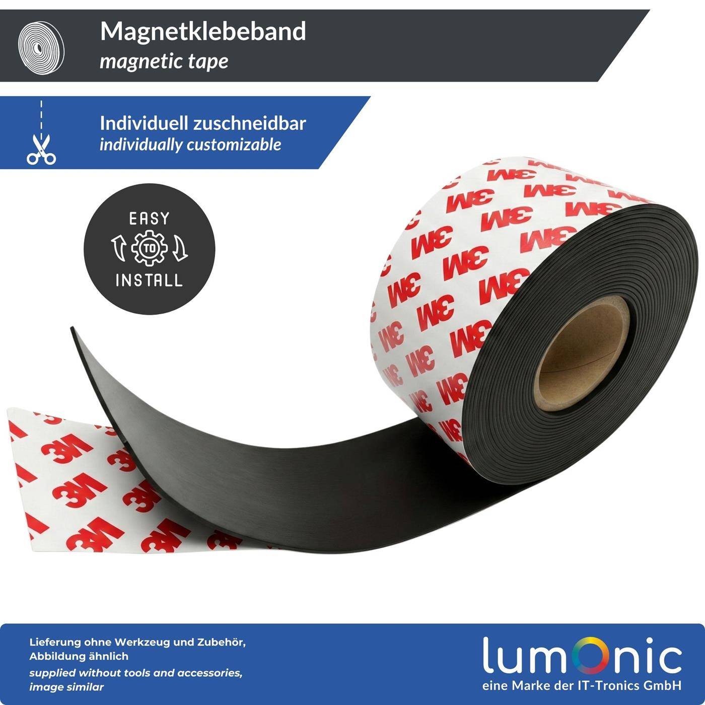 Lumonic 5m Magnetic tape | 50x2mm | Flexible, self-adhesive, can be cut to size, without drilling | Fly screen, school and blackboard