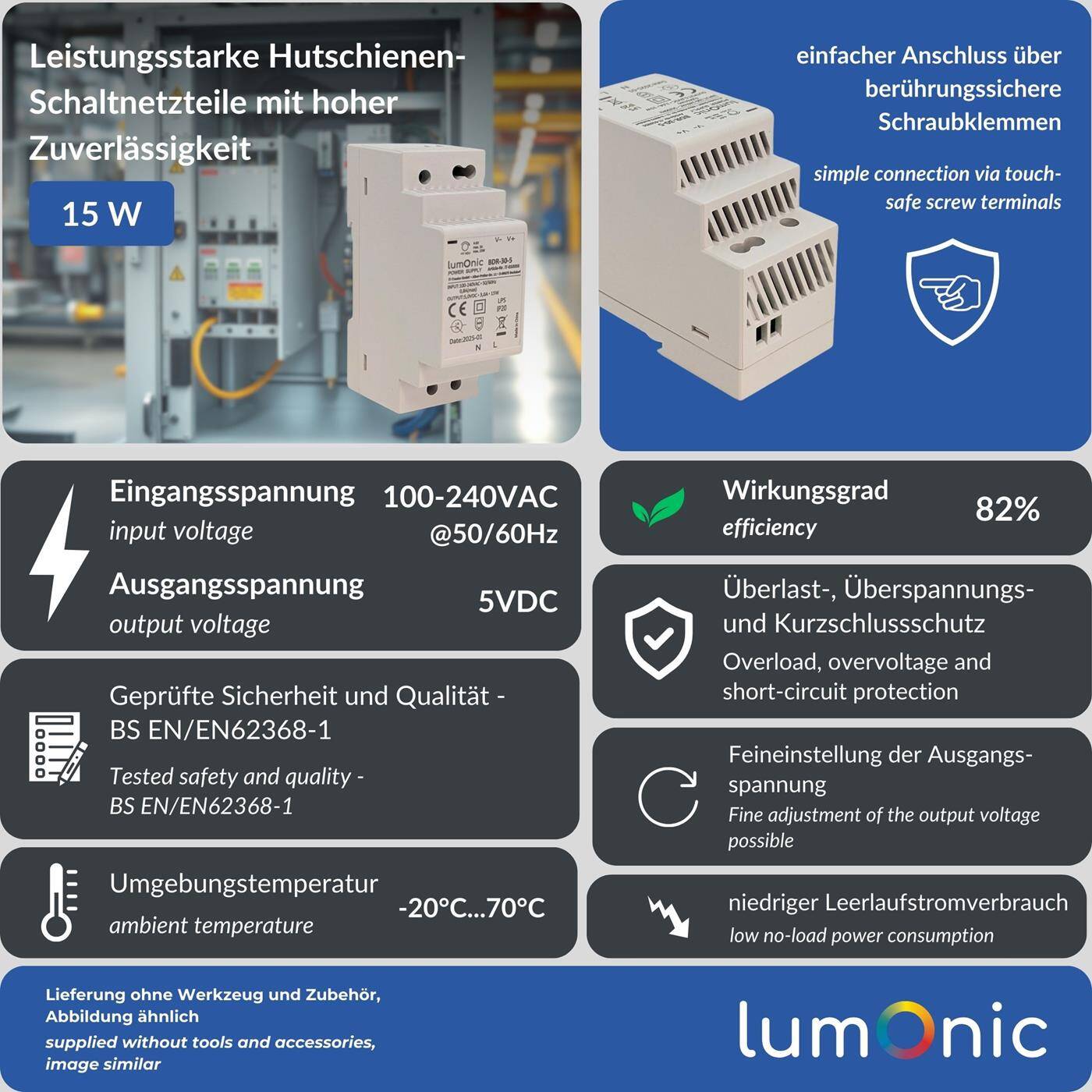 Lumonic I Netzteil Hutschiene BDR-30-5 I 5V / 15W I Input 100-240VAC I Überlastschutz & kurzschlussfest I DIN-Rail Schaltnetzteil I Schaltschrank & Verteilerkasten