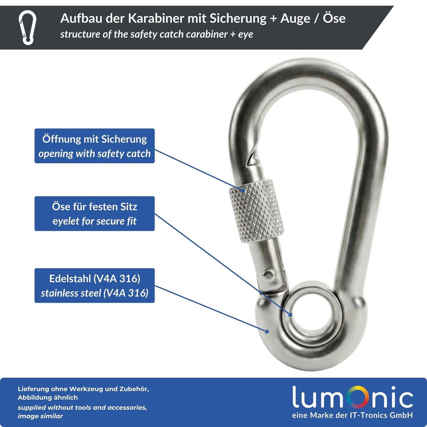 Lumonic Carabiner with safety catch + eye V4A stainless steel | 8x80mm | Stainless + seawater resistant | Prevents twisting + no accidental opening | for awnings, hammocks, dogs, camping