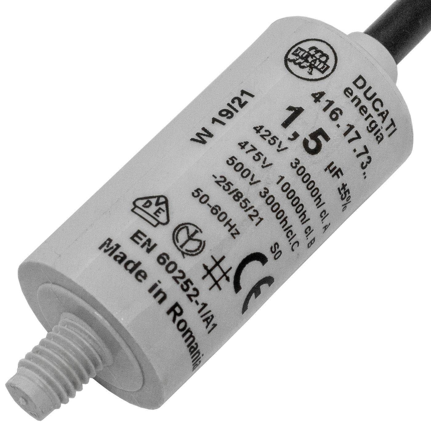 Anlaufkondensator Motorkondensator 1,5µF 450V 25x49mm Kabel 35cm Ducati 416.17.73 B 1,5uF