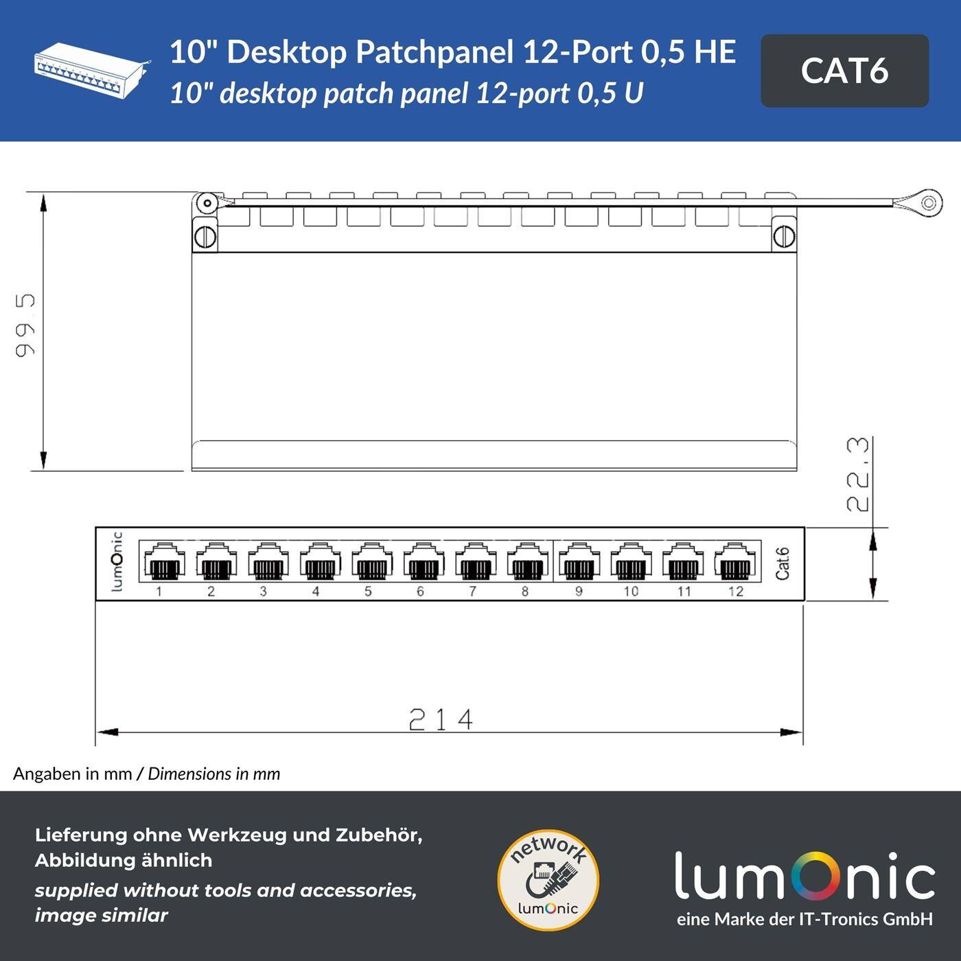 10" Patchpanel Desktop CAT6, 12 Port, kompakte 0,5HE, LSA-Montage, T568A/B farbcodiert, freistehend, Wandmontage, geschirmtes schwarzes Patchfeld, Kabelmanagement, 1 Gbit/s + PoE