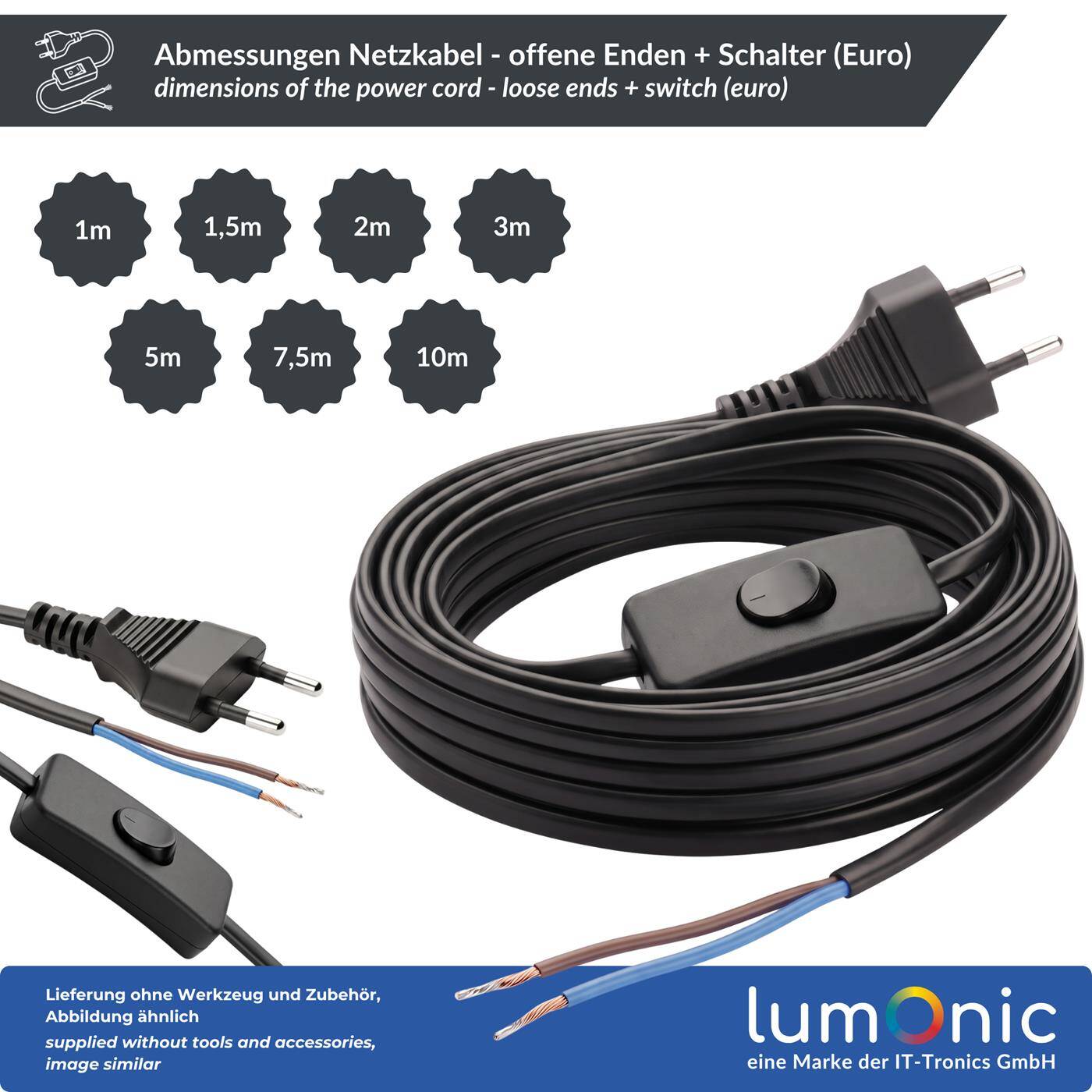 Lumonic Euro-Netzkabel mit Schalter und Offenen Enden, Weiß 2 m, 230 V - Schalter direkt am Kabel, macht Lampen und Deko bequem schaltbar, verzinnte offene Enden, Knickschutz am Eurostecker