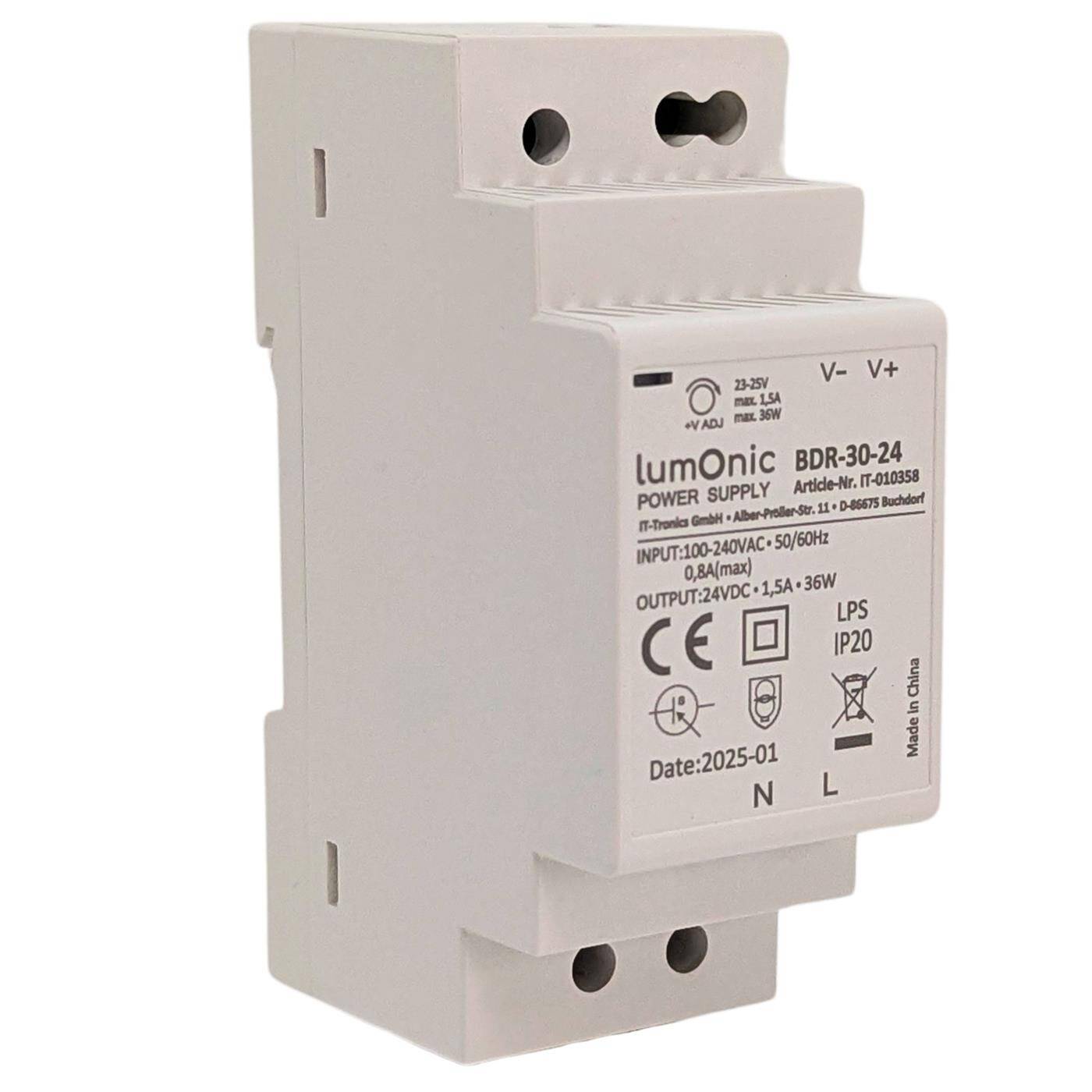 Lumonic I Top-hat rail power supply unit BDR-30-24 I 24V / 36W I Input 100-240VAC I Overload protection I DIN-Rail switching power supply I Switch cabinet