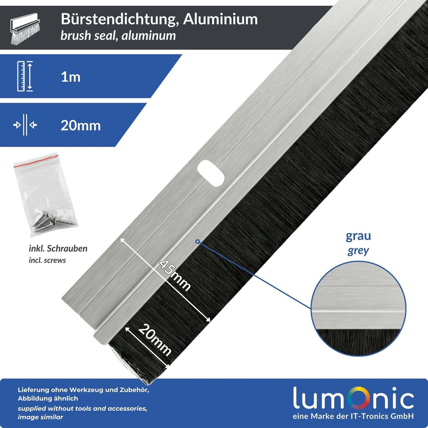 Lumonic 1m Bürstendichtung 20mm | Alu Profil silber | Spart Heizkosten | Verschraubbar + Zuschneidbar | Türbodendichtung als Zugluftstopper, Kälteschutz, Insektenschutz für Türen