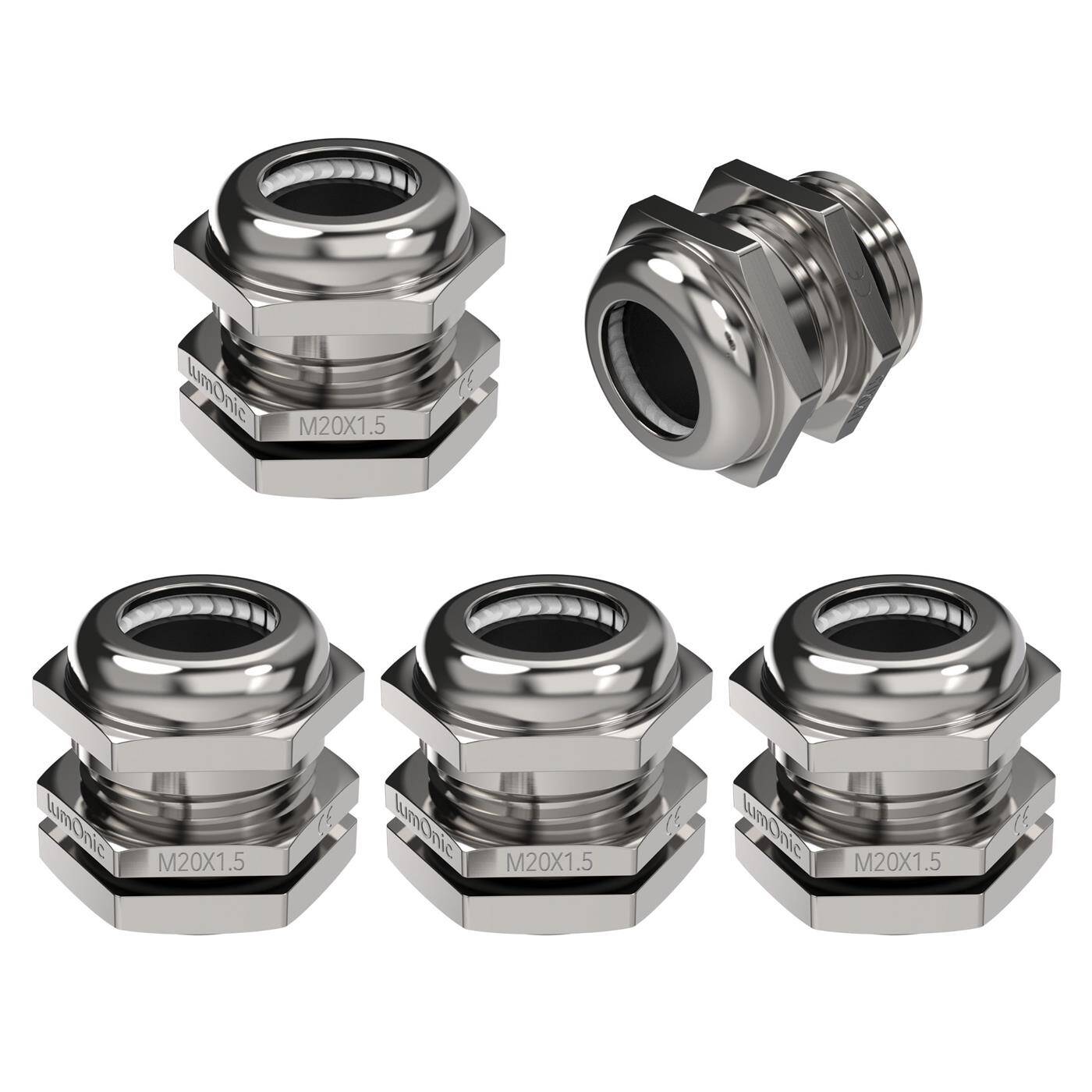 Set of 5 metal cable glands M20, Clamping range 6-12mm, IP68, with locknut, Nickel-plated brass, EMC, -40...+100°C, corresponds to PG13.5