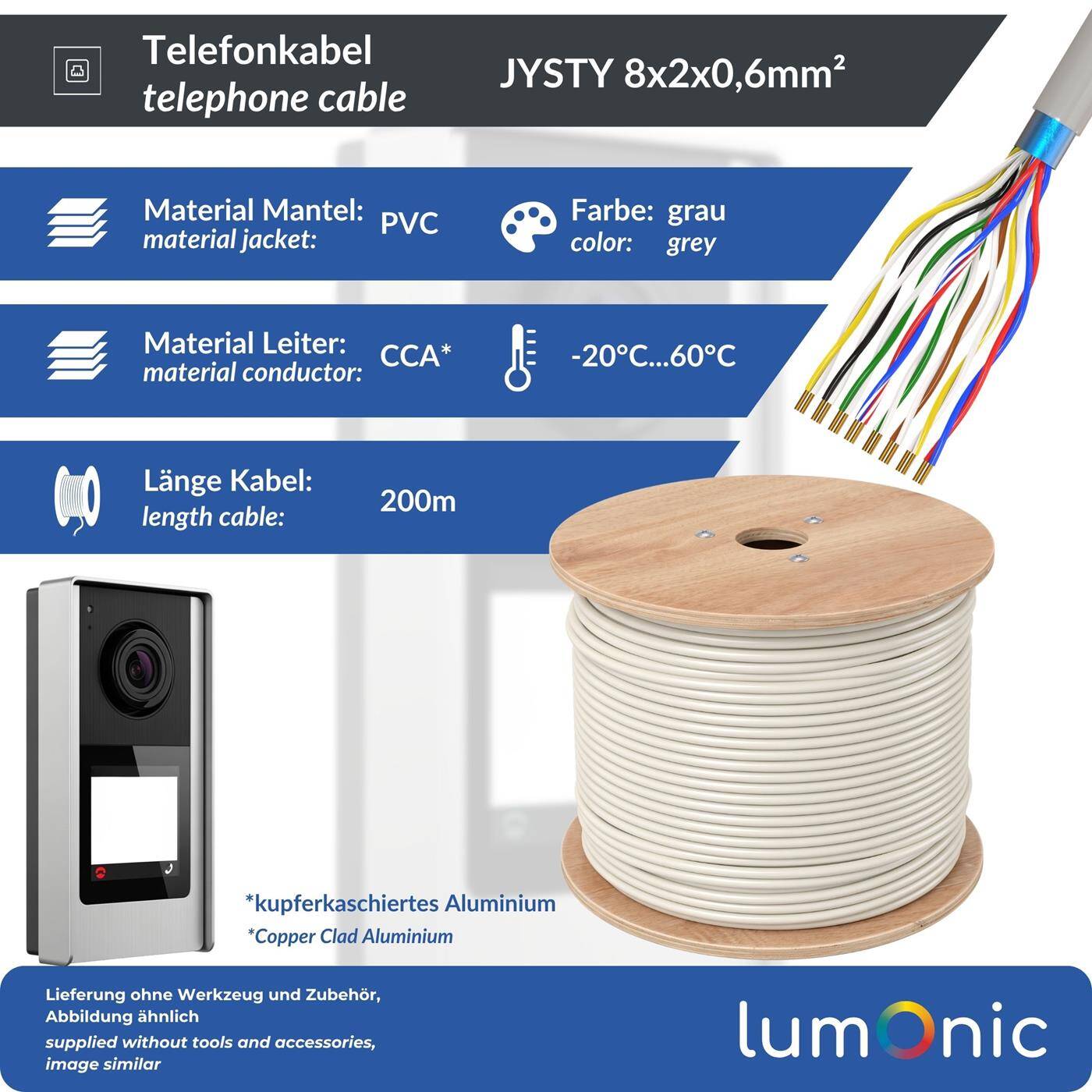 Lumonic Telefonkabel JYSTY grau auf Holzrolle | 8x2x0,6mm CCA | 200m | farbcodiert & geschirmt | Metermarkierung | Fernmeldekabel, Telefonanschlusskabel