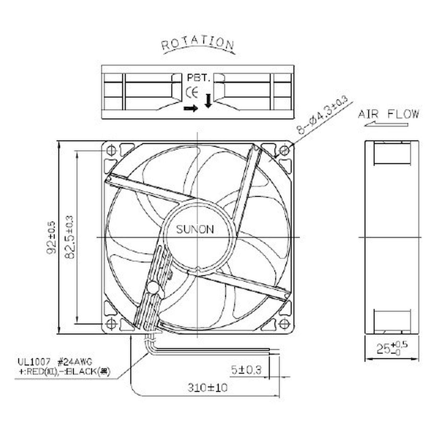 Lüfter 12V DC 1,24W 92x92x25mm 67,1m³/h 2400U/Min 67,1m³/h Sunon EE92251S31000U999