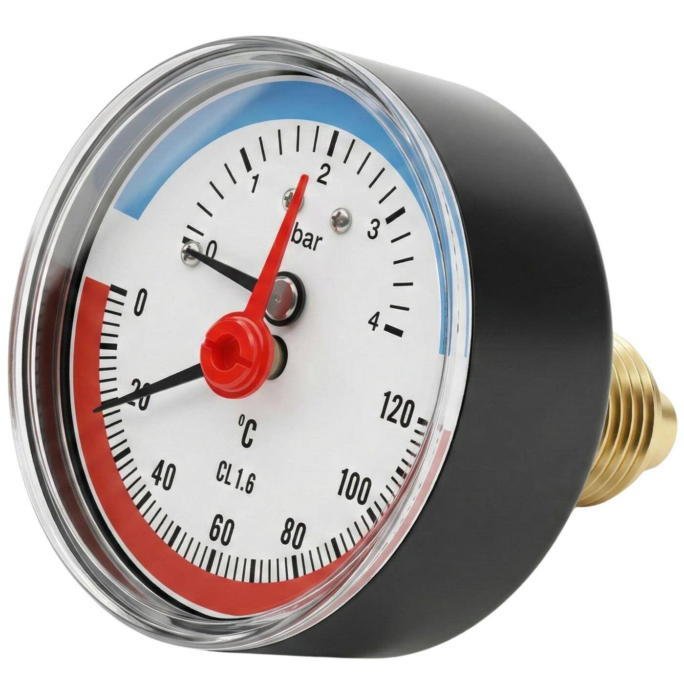 Lumonic Thermomanometer 4bar 0-120°C | 1/4 + 1/2 inch (adapter) | Rear connection | Ø 63mm, large scale | Heating pressure gauge | Metal housing