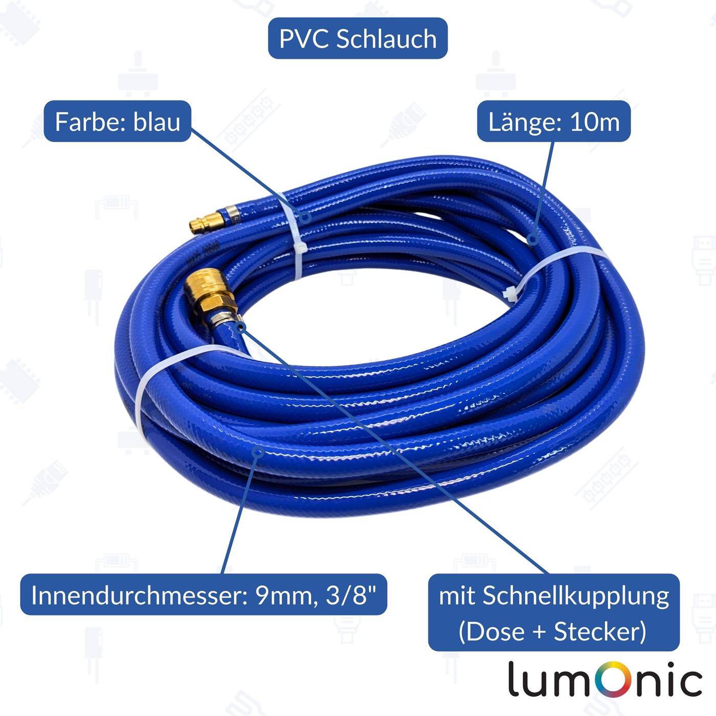 10m Druckluftschlauch mit Schnellkupplung 9mm PVC Druckluftverlängerung Dose & Stecker fertig konfektioniert flexibel, abriebfest und gewebeverstärkt 10m Druckluftschlauch mit Schnellkupplung 9mm PVC Druckluftverlängerung Dose & Stecker fertig konfektioniert flexibel, abriebfest und gewebeverstärkt
