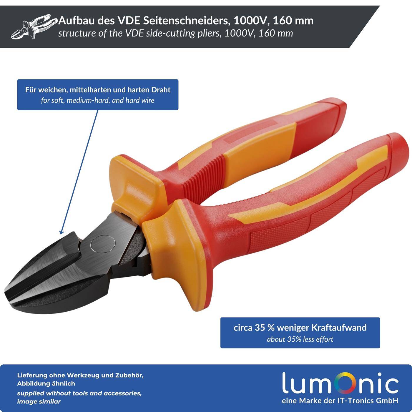 Lumonic VDE Side Cutters 1000V Heavy-Duty, 160 mm - For soft, medium-hard, and hard wire, 60CrV steel, two-component handle, for electrical installations