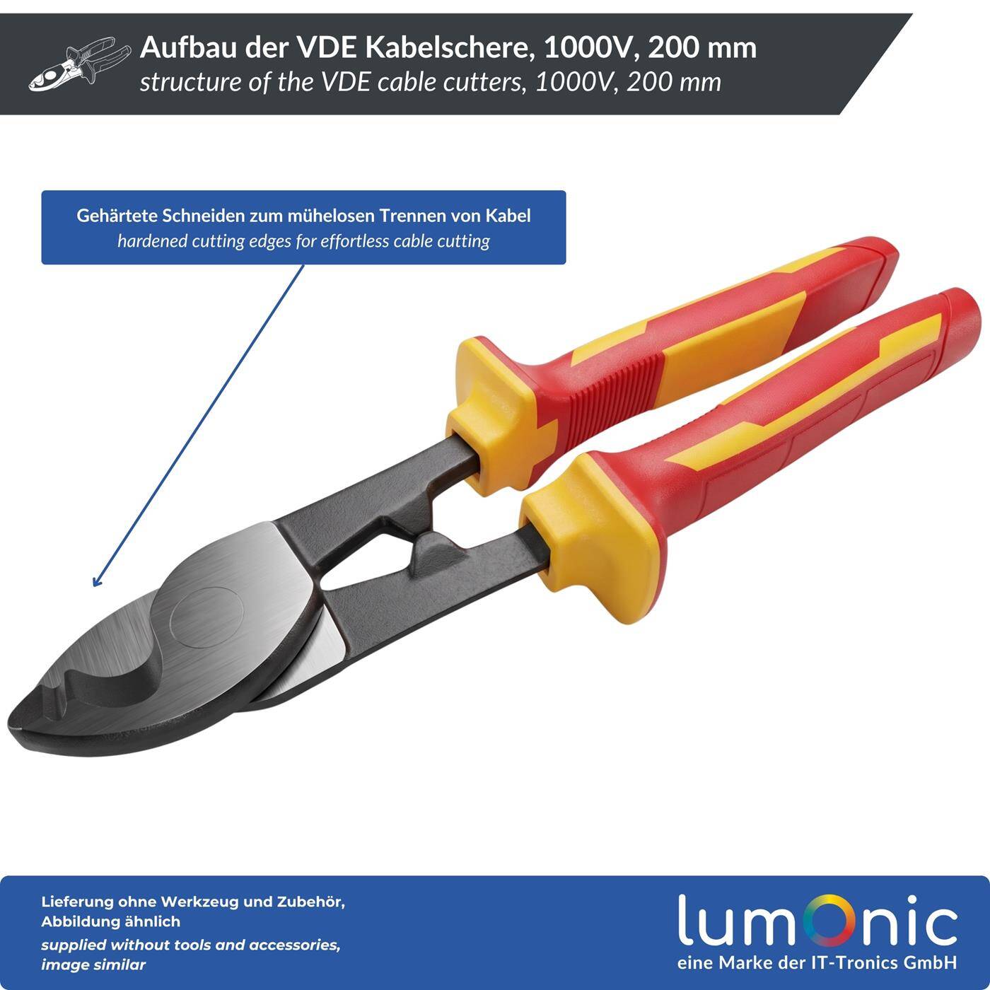 Lumonic VDE Cable Cutters 1000V, up to 80 mm², 240 mm - Hardened cutting edges, 60CrV steel, two-component handle, for supply cables in distribution systems and service connections