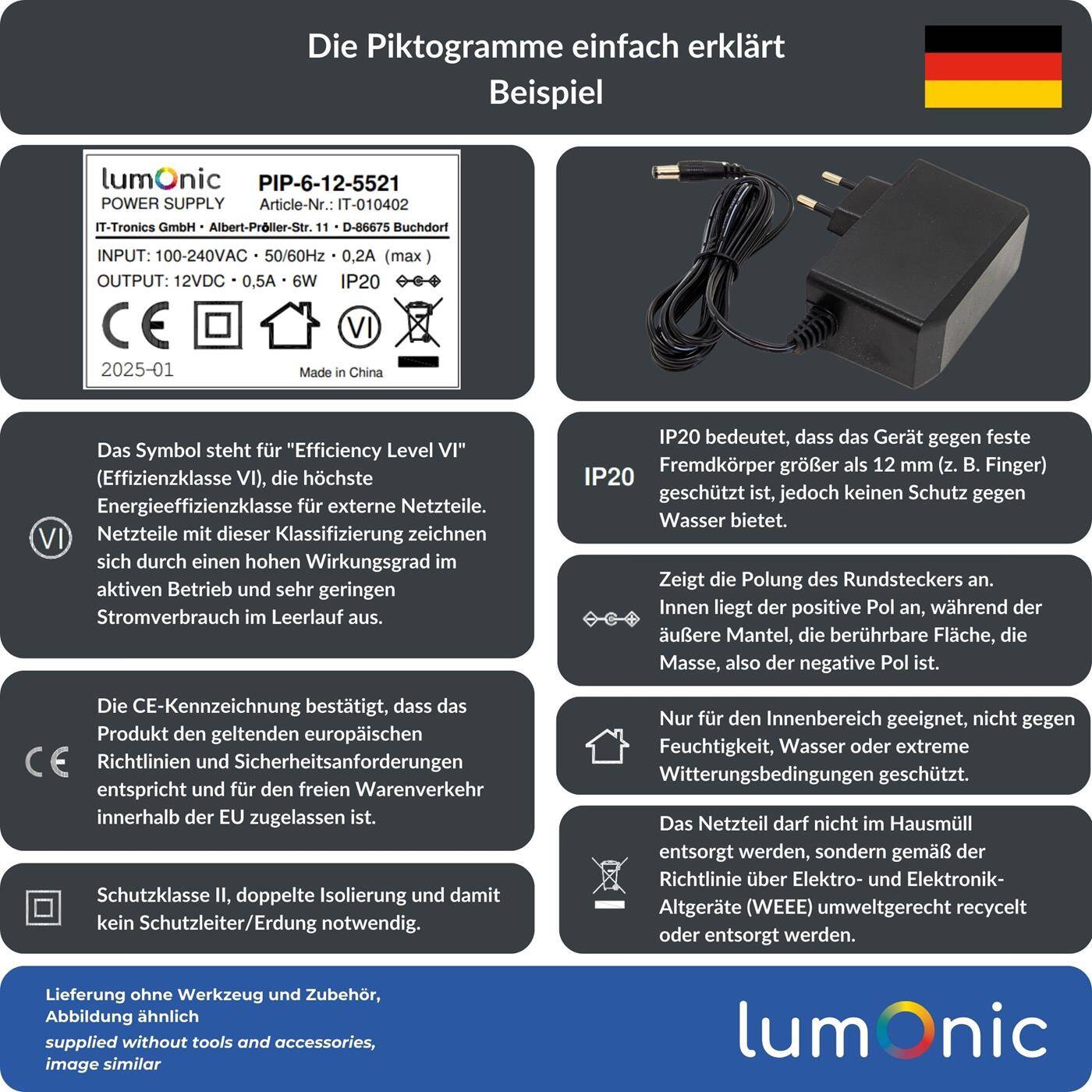 Lumonic I LED plug-in power supply PIP-24-12 I 12V 24W I Input 100-240VAC I Extra long cable with hollow plug 5,5/2,1 I Overload protection I universeller EU-Netzadapter I for LED strips